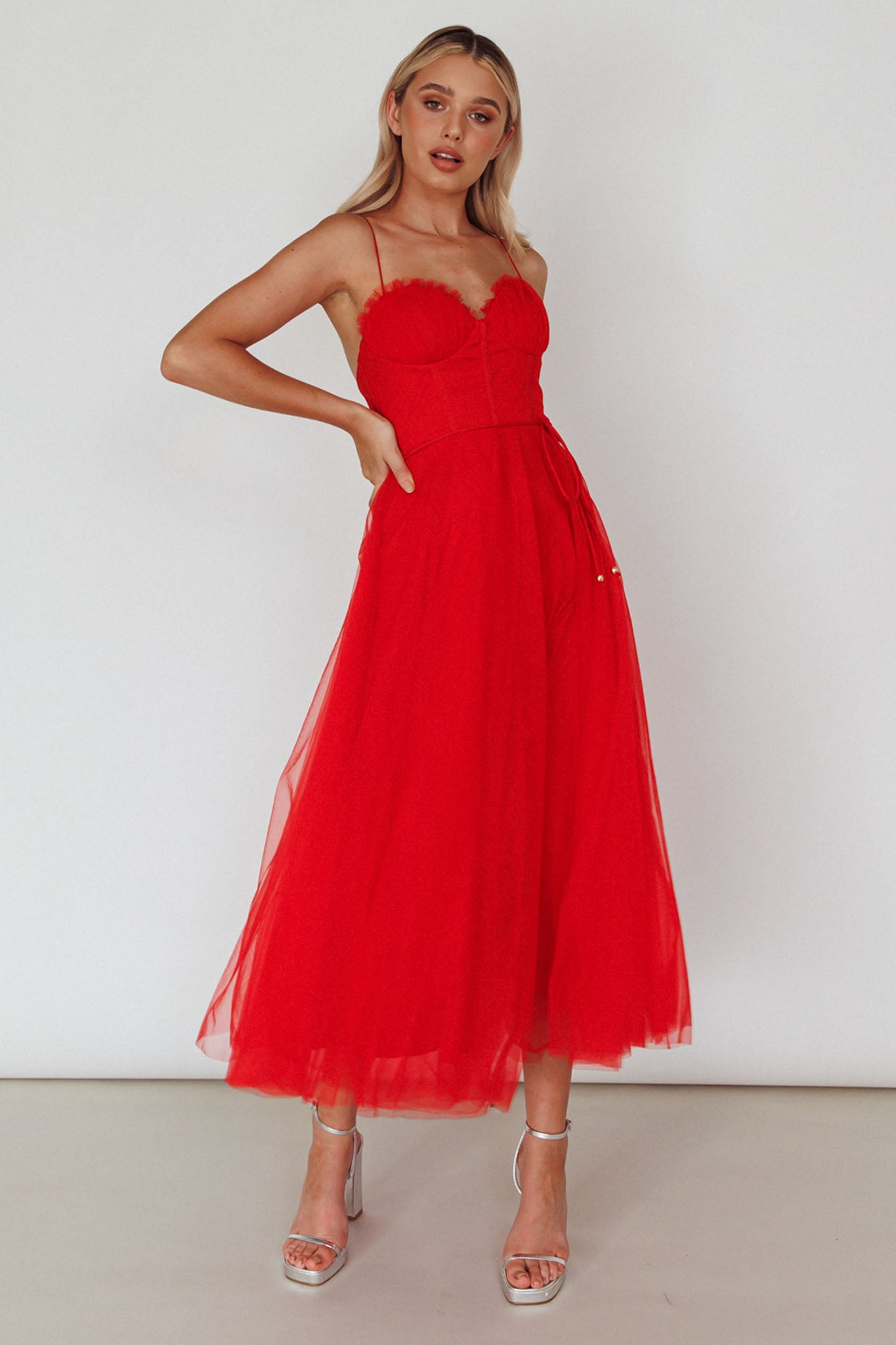 Smitten Sweetheart Neckline Chiffon Midi Dress Red by Selfie Leslie Australia
