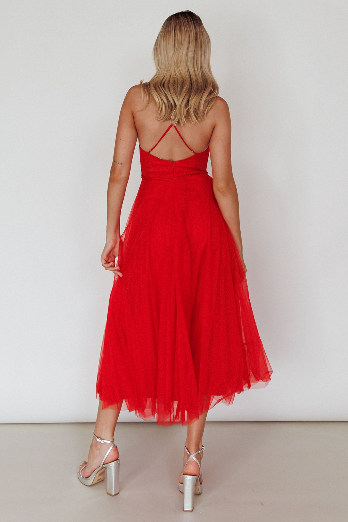 Smitten Sweetheart Neckline Chiffon Midi Dress Red by Selfie Leslie Australia