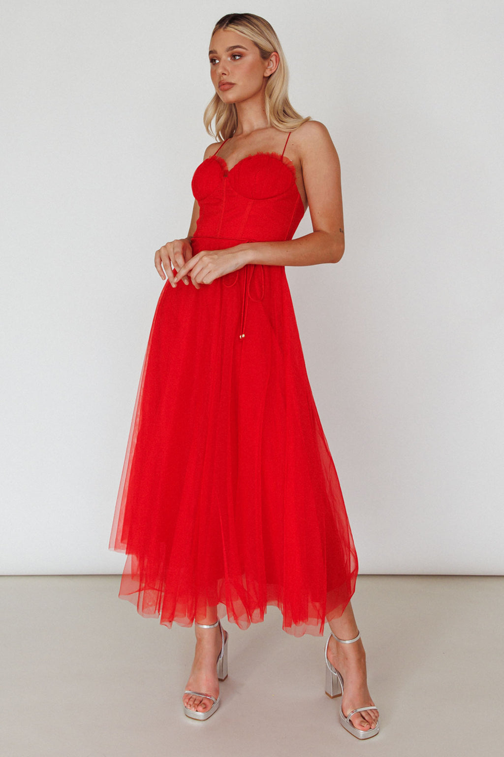 Smitten Sweetheart Neckline Chiffon Midi Dress Red by Selfie Leslie Australia