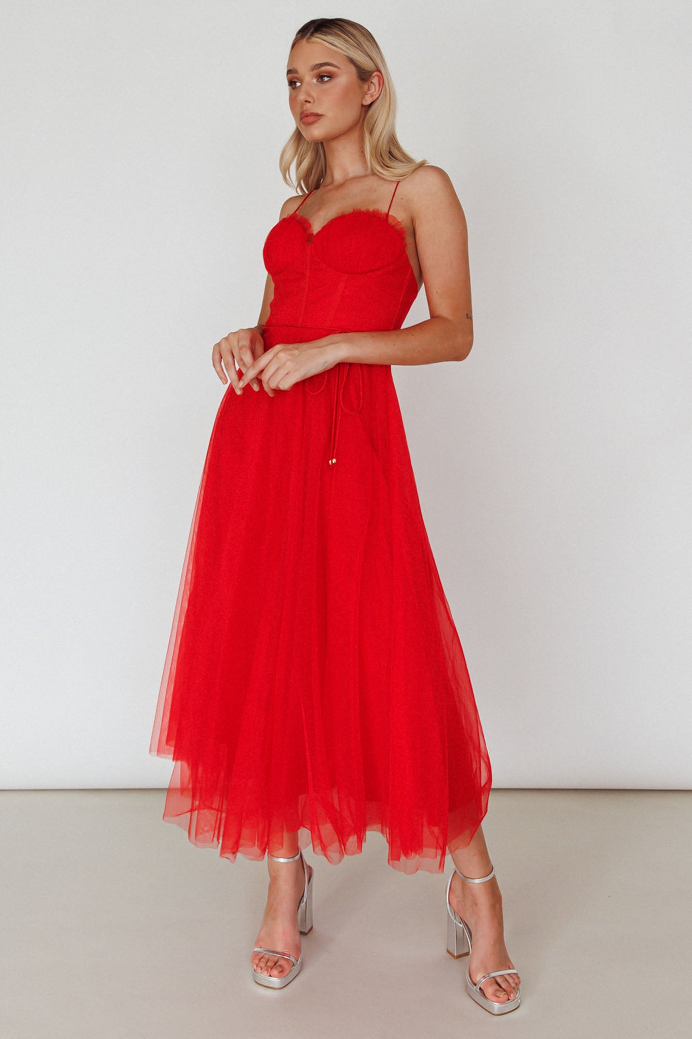 Smitten Sweetheart Neckline Chiffon Midi Dress Red by Selfie Leslie Australia