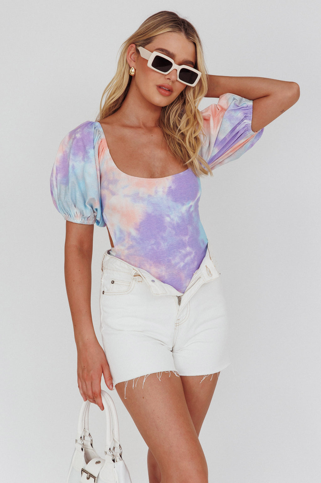 Just A Glimpse Puff Sleeve Open Back Bodysuit Tie-Dye Purple/Blue by Selfie Leslie Australia
