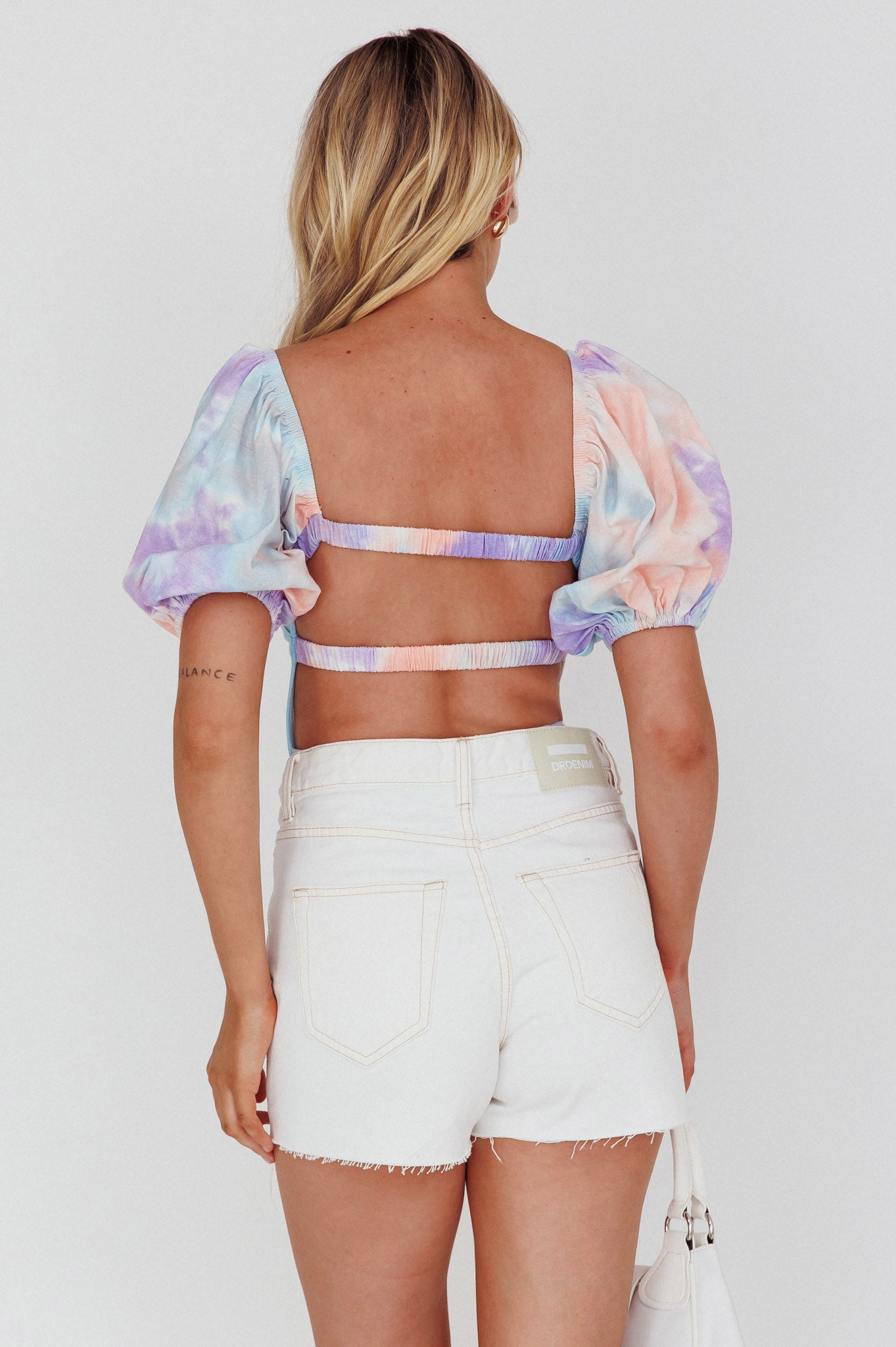 Just A Glimpse Puff Sleeve Open Back Bodysuit Tie-Dye Purple/Blue by Selfie Leslie Australia