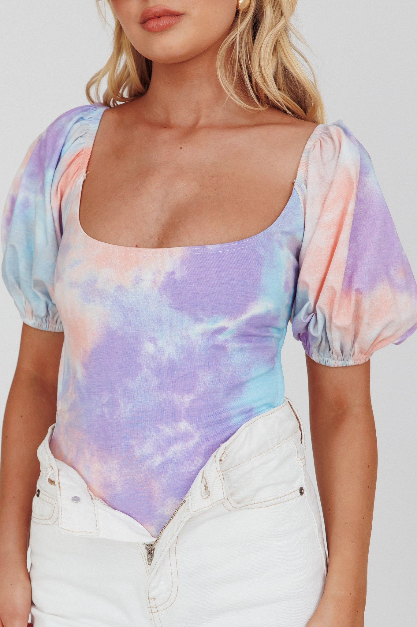 Just A Glimpse Puff Sleeve Open Back Bodysuit Tie-Dye Purple/Blue by Selfie Leslie Australia