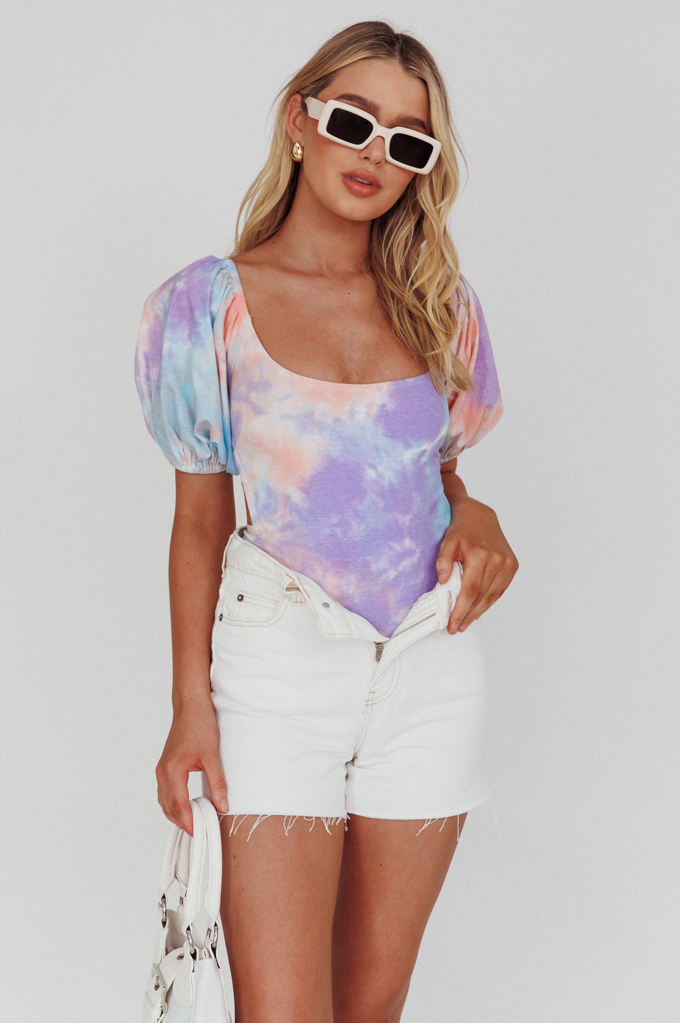 Just A Glimpse Puff Sleeve Open Back Bodysuit Tie-Dye Purple/Blue by Selfie Leslie Australia