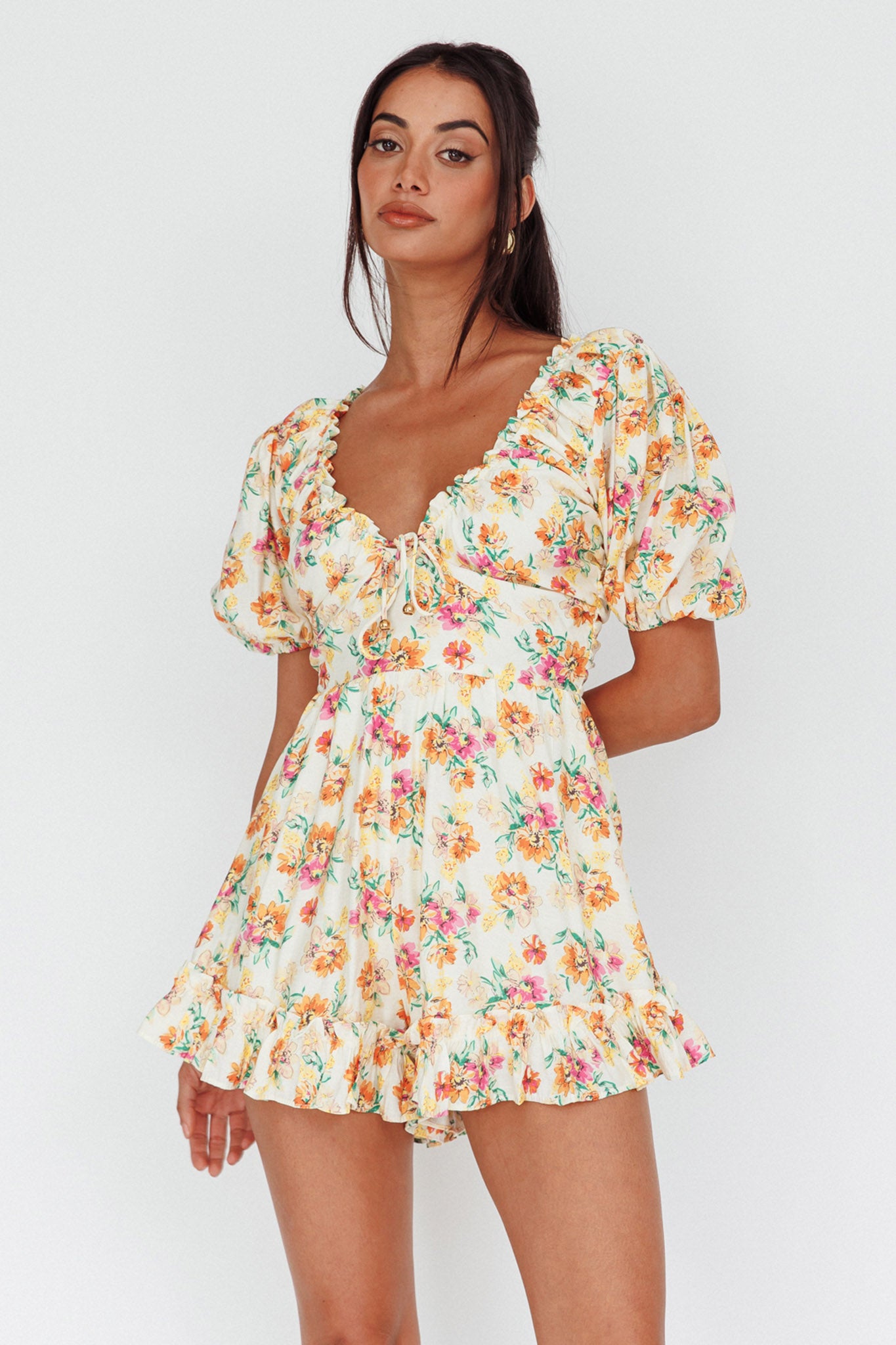 Costa Rica Puff Sleeve Romper Floral Beige by Selfie Leslie Australia