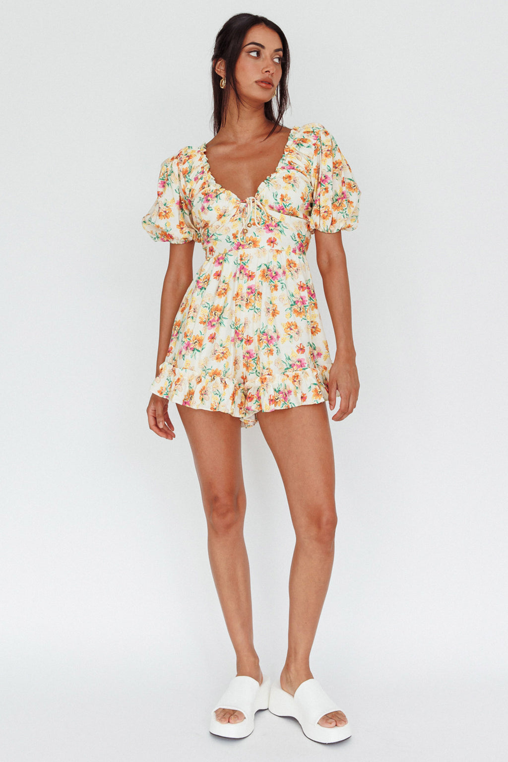 Costa Rica Puff Sleeve Romper Floral Beige by Selfie Leslie Australia