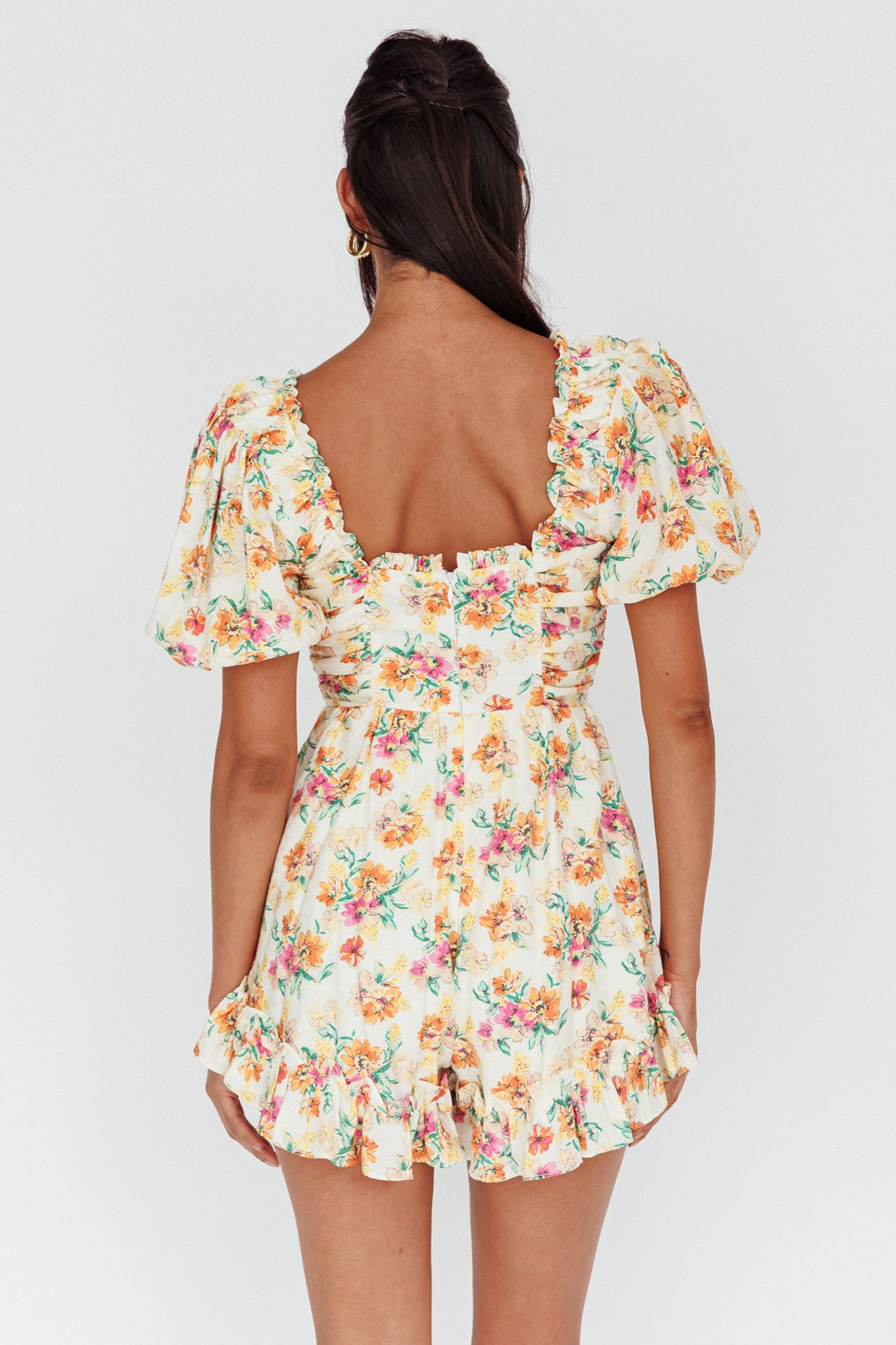 Costa Rica Puff Sleeve Romper Floral Beige by Selfie Leslie Australia