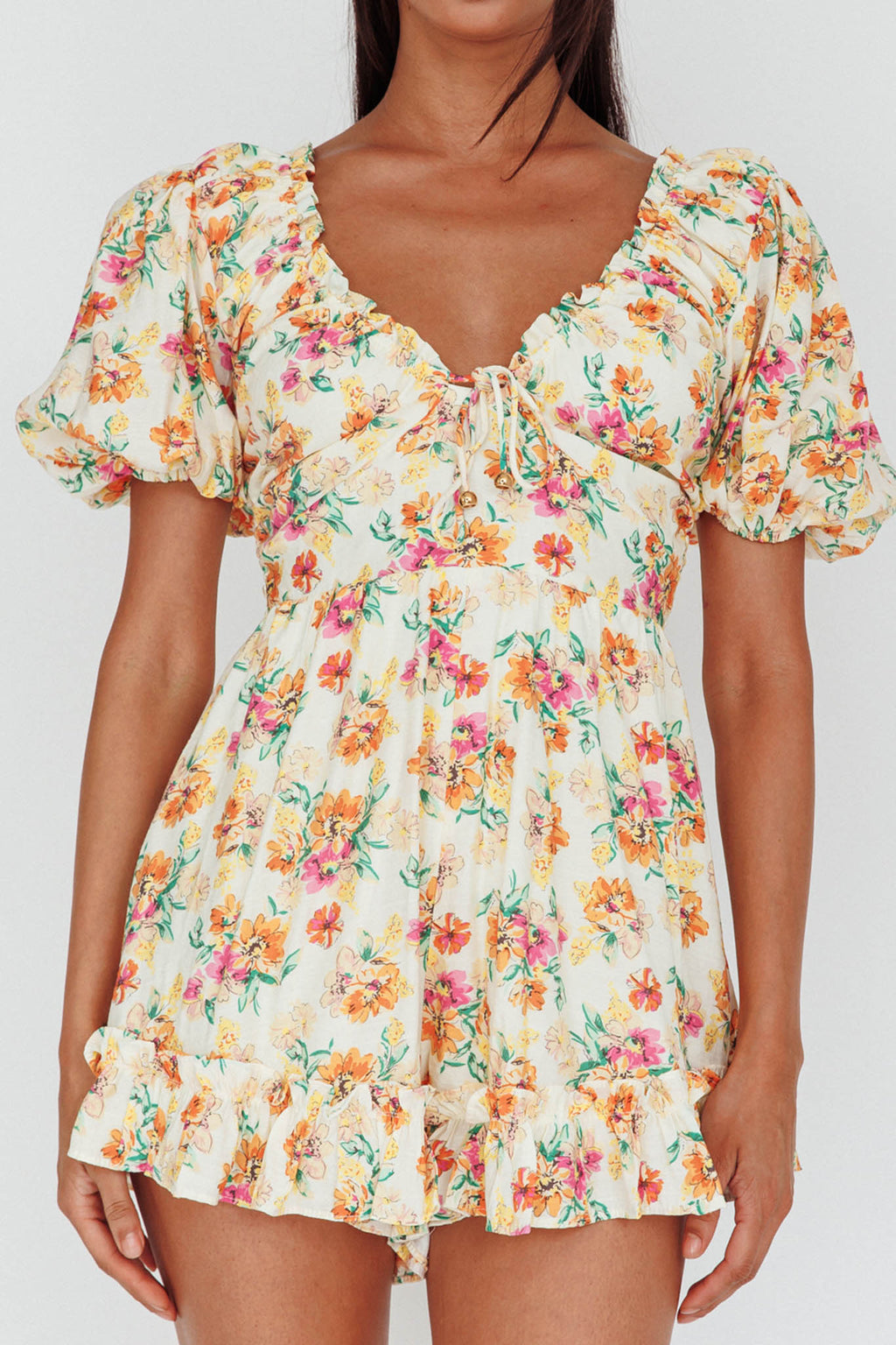 Costa Rica Puff Sleeve Romper Floral Beige by Selfie Leslie Australia