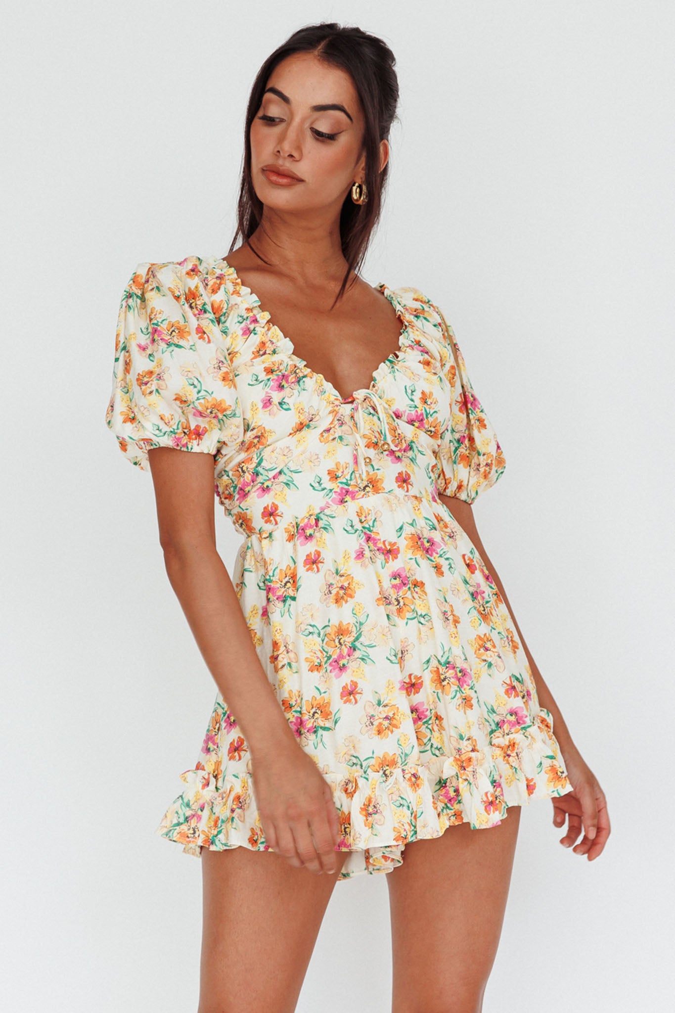 Costa Rica Puff Sleeve Romper Floral Beige by Selfie Leslie Australia