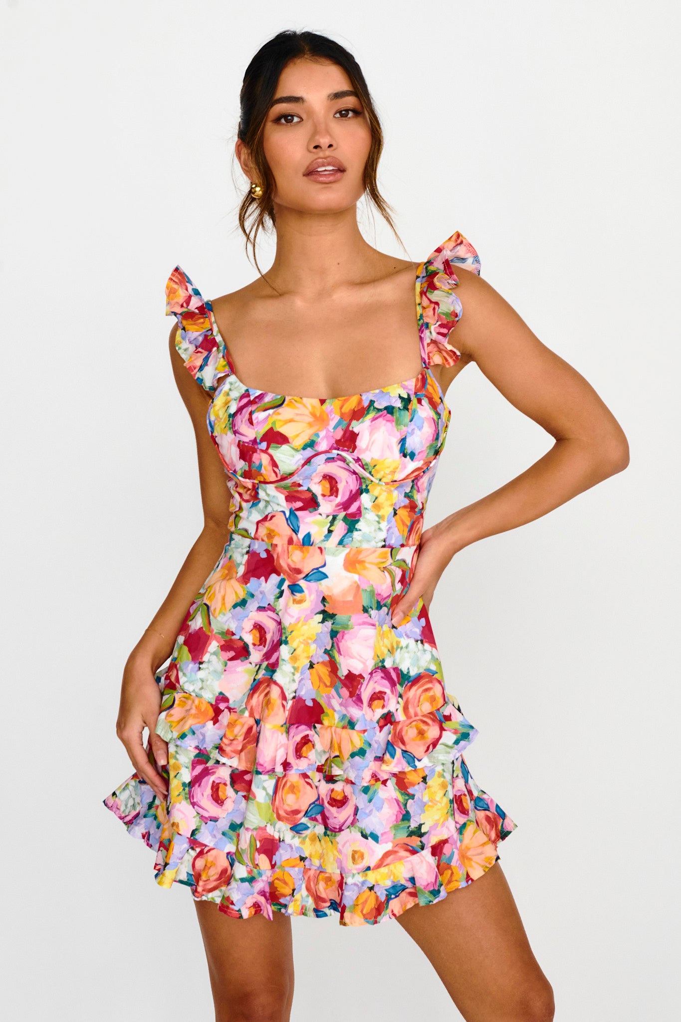 Moonlit Moment Ruffle Trim Lace-Up Back Dress Floral Red by Selfie Leslie Australia