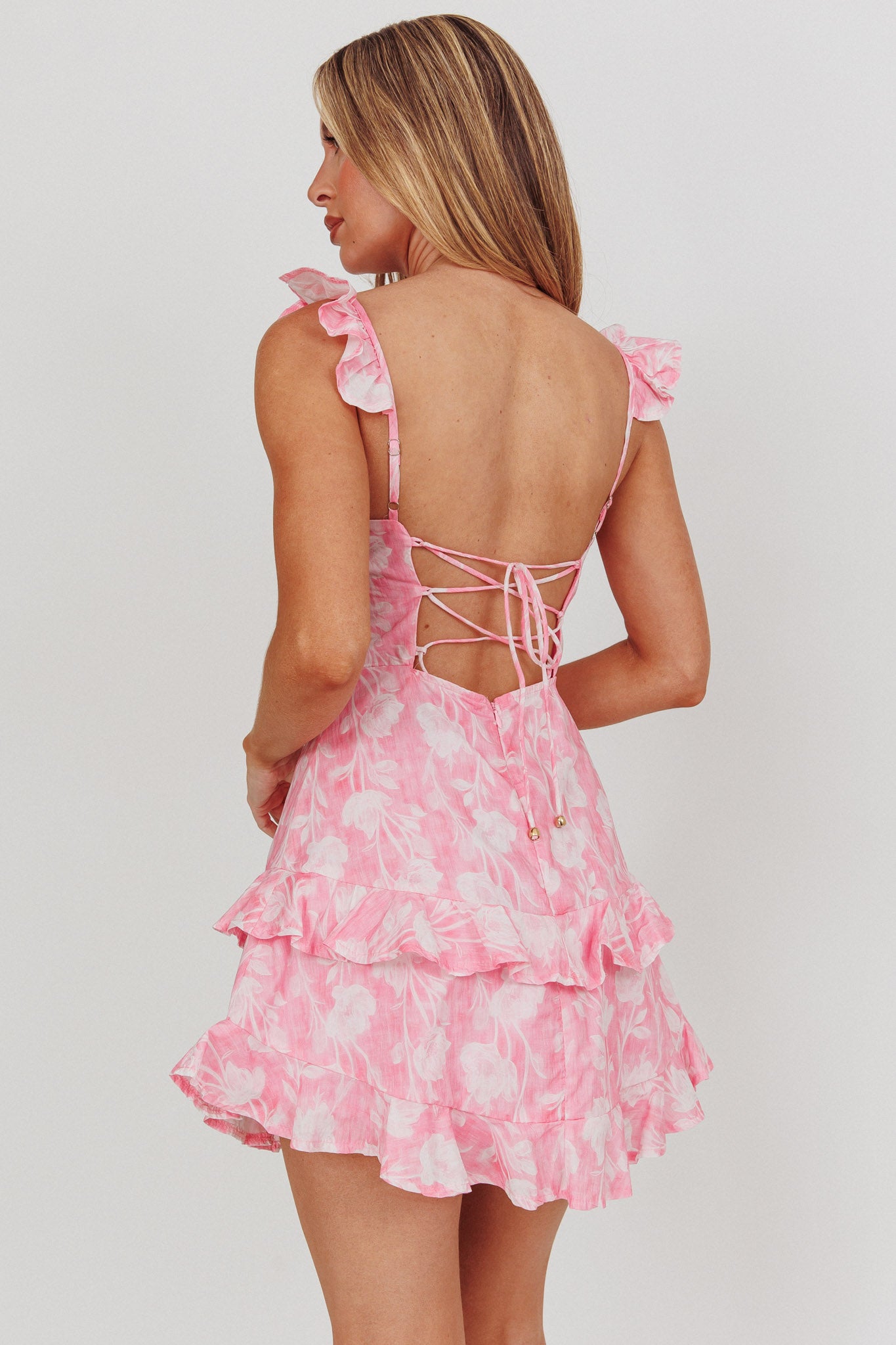 Moonlit Moment Ruffle Trim Lace-Up Back Dress Flowers Pink by Selfie Leslie Australia