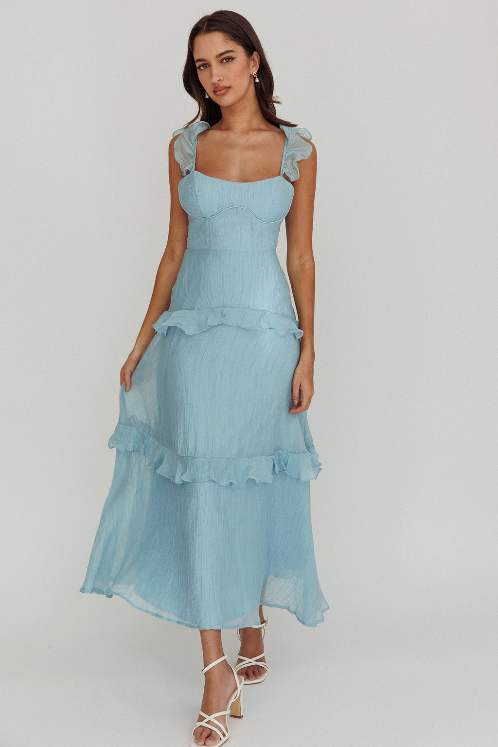 Moonlit Moment Ruffle Trim Lace-Up Back Maxi Dress Blue by Selfie Leslie Australia