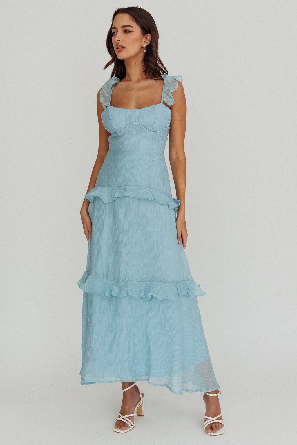 Moonlit Moment Ruffle Trim Lace-Up Back Maxi Dress Blue by Selfie Leslie Australia