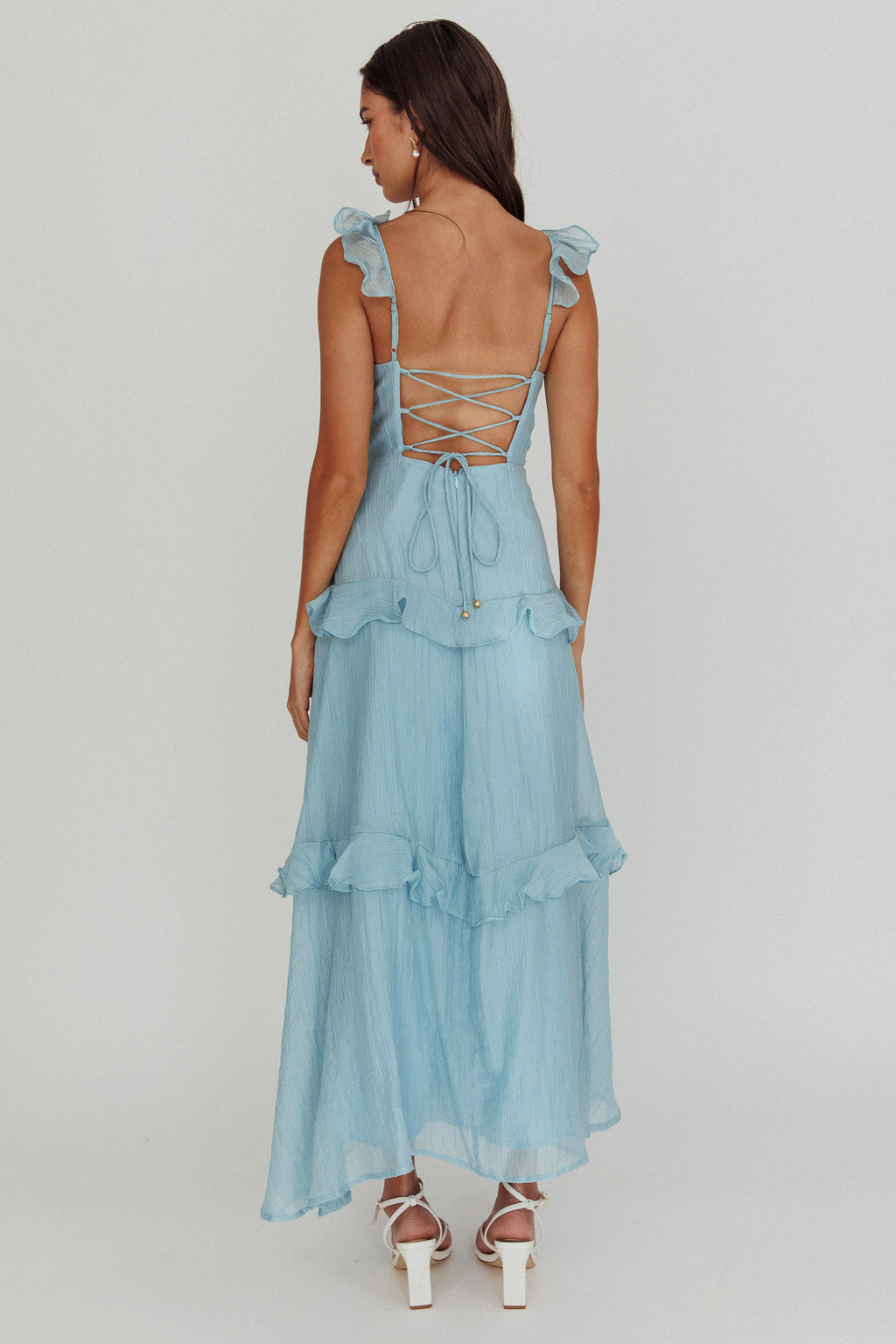 Moonlit Moment Ruffle Trim Lace-Up Back Maxi Dress Blue by Selfie Leslie Australia