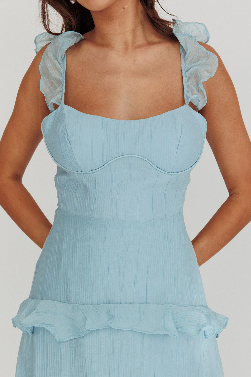 Moonlit Moment Ruffle Trim Lace-Up Back Maxi Dress Blue by Selfie Leslie Australia