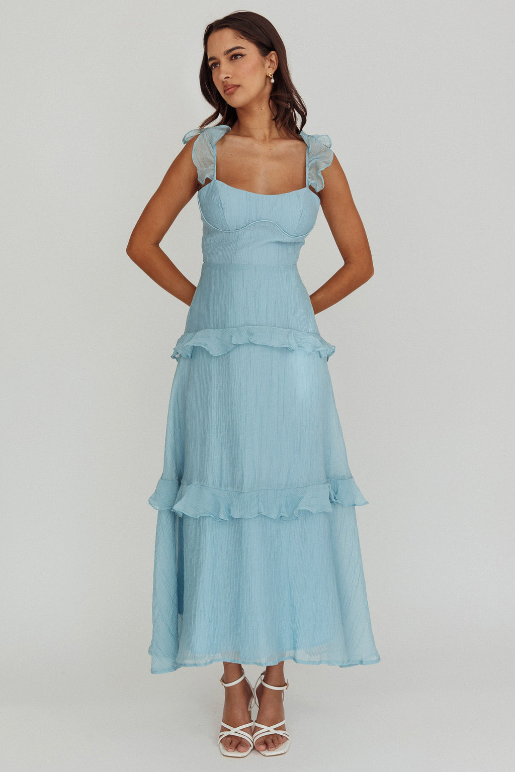 Moonlit Moment Ruffle Trim Lace-Up Back Maxi Dress Blue by Selfie Leslie Australia