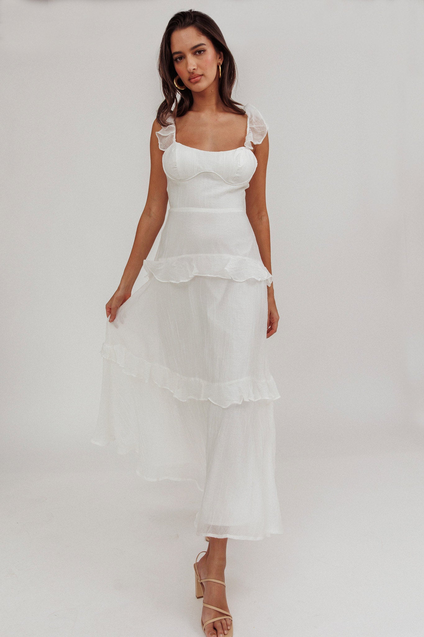 Moonlit Moment Ruffle Trim Lace-Up Back Maxi Dress White by Selfie Leslie Australia