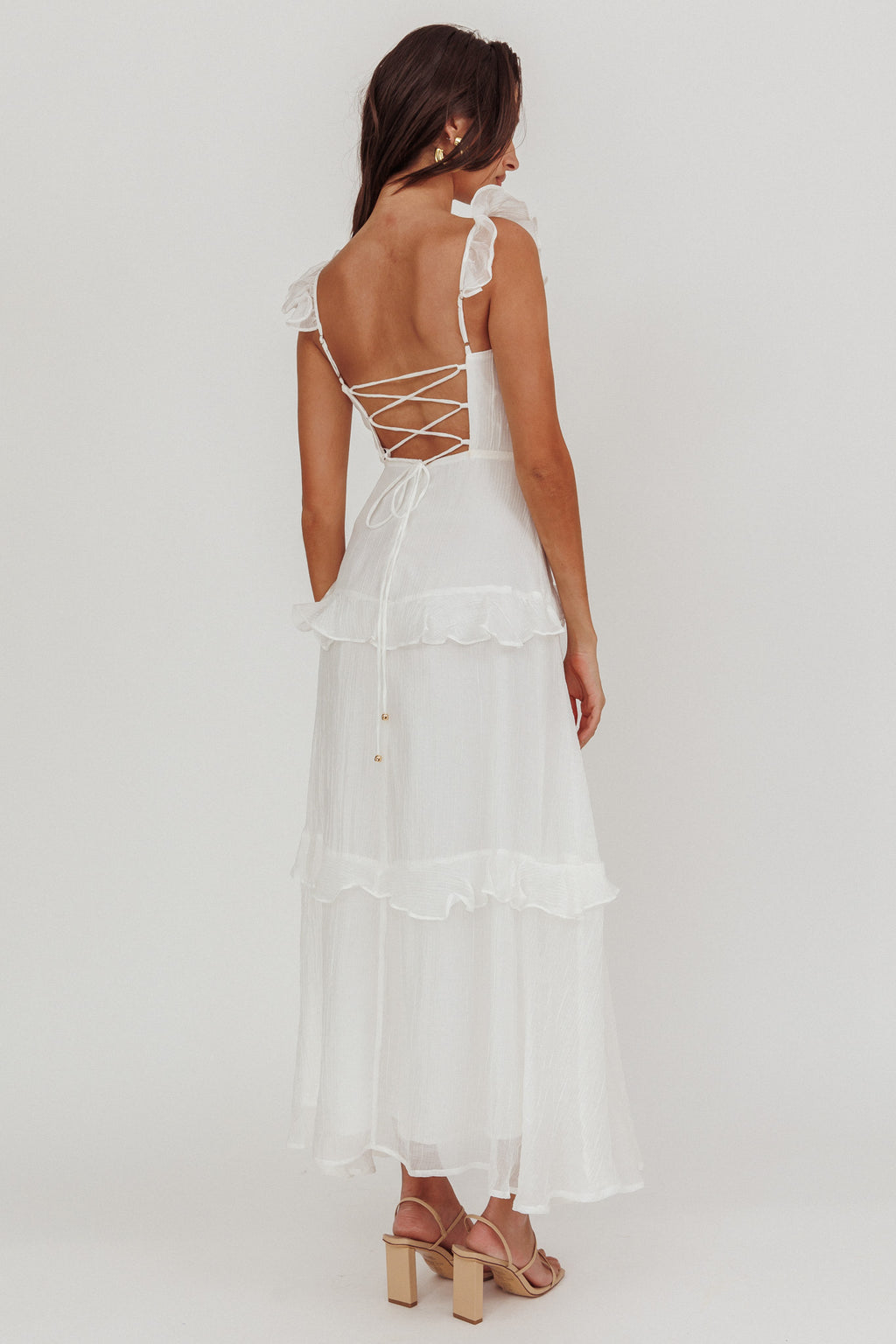 Moonlit Moment Ruffle Trim Lace-Up Back Maxi Dress White by Selfie Leslie Australia