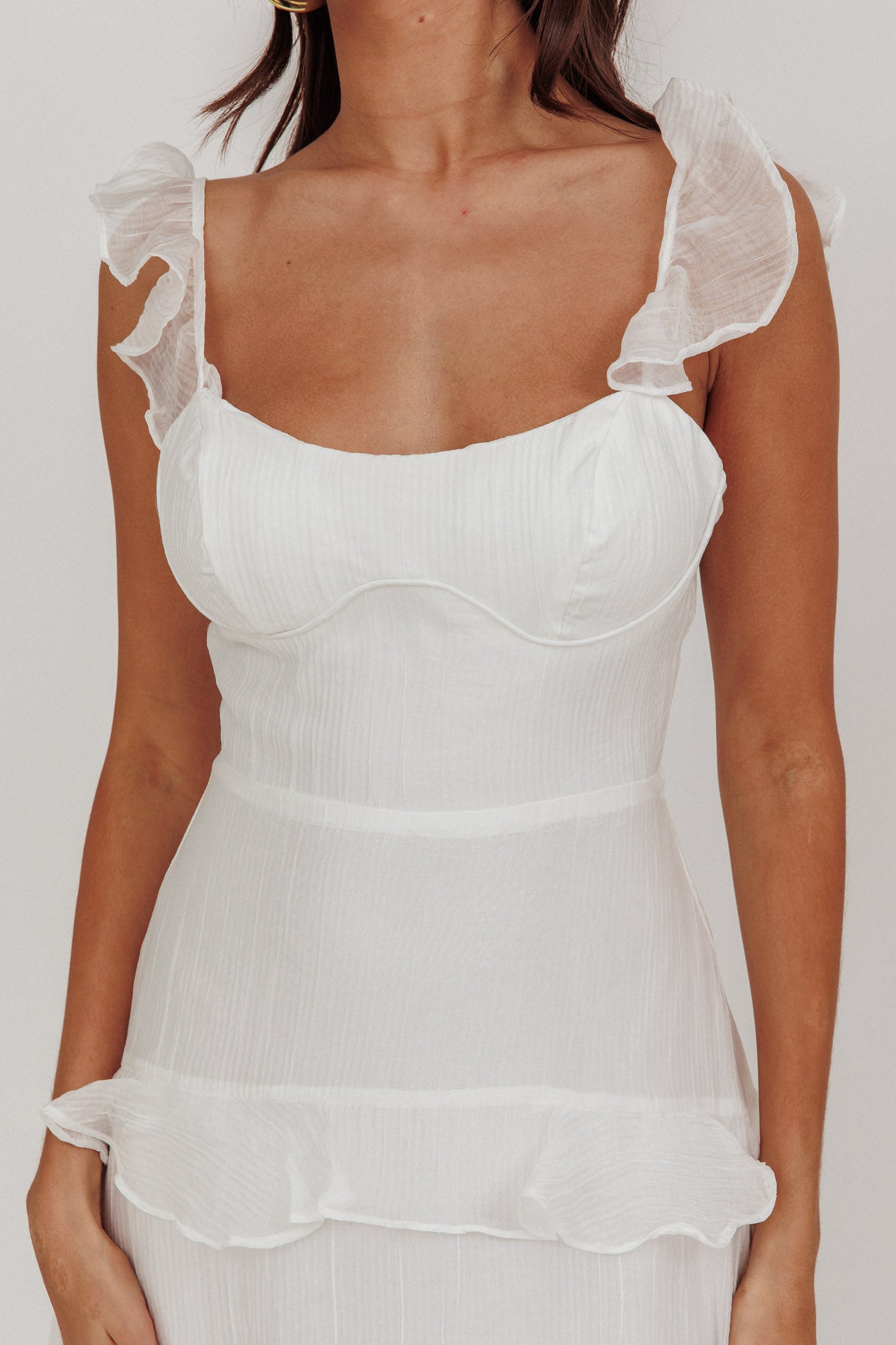 Moonlit Moment Ruffle Trim Lace-Up Back Maxi Dress White by Selfie Leslie Australia