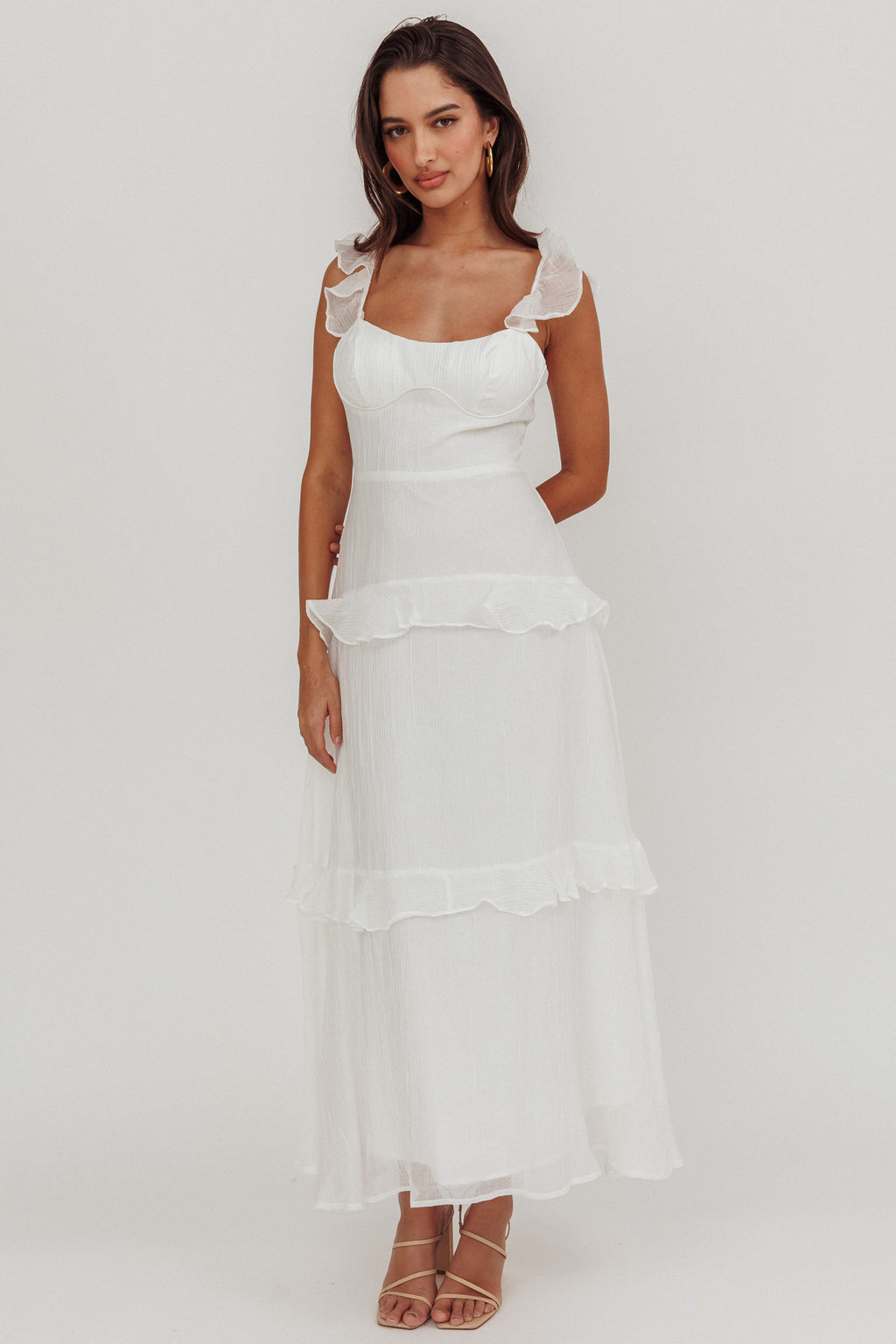 Moonlit Moment Ruffle Trim Lace-Up Back Maxi Dress White by Selfie Leslie Australia
