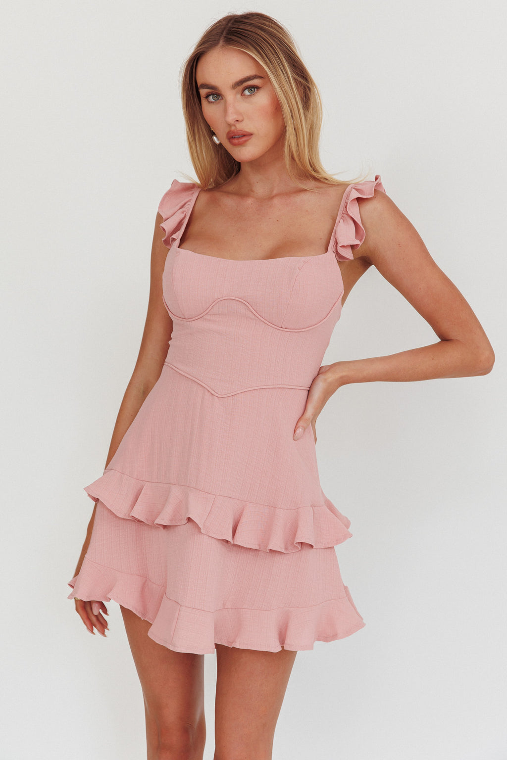 Moonlit Moment Ruffle Trim Piping Detail Lace-Up Back Dress Dusty Rose by Selfie Leslie Australia