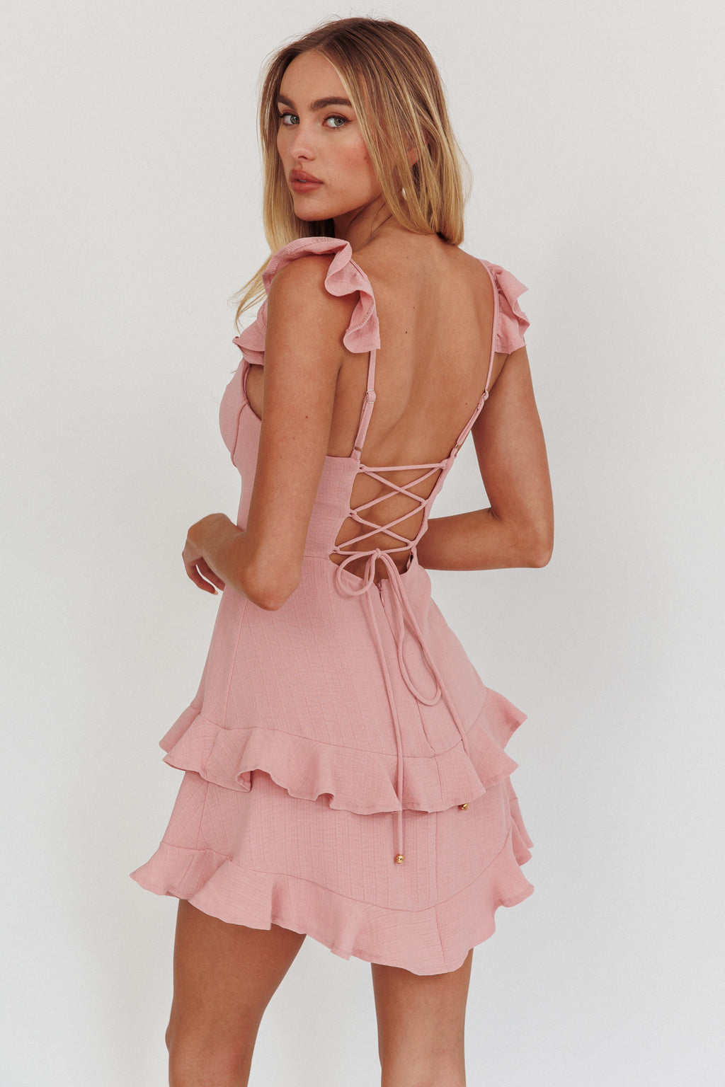 Moonlit Moment Ruffle Trim Piping Detail Lace-Up Back Dress Dusty Rose by Selfie Leslie Australia