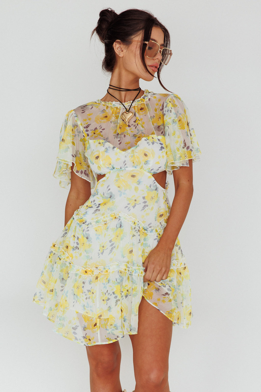 Tres Chic Flutter Sleeve Cut-Out Dress Floral Yellow by Selfie Leslie Australia