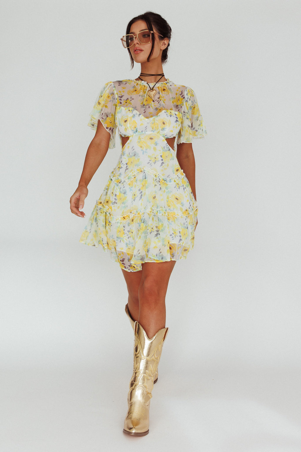 Tres Chic Flutter Sleeve Cut-Out Dress Floral Yellow by Selfie Leslie Australia