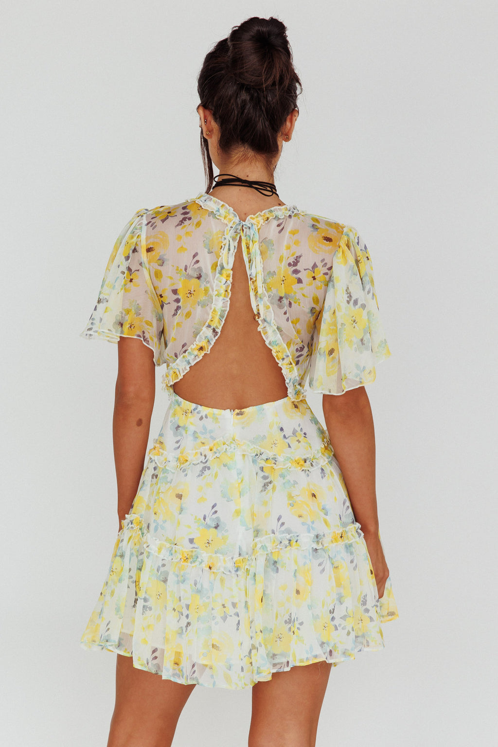 Tres Chic Flutter Sleeve Cut-Out Dress Floral Yellow by Selfie Leslie Australia