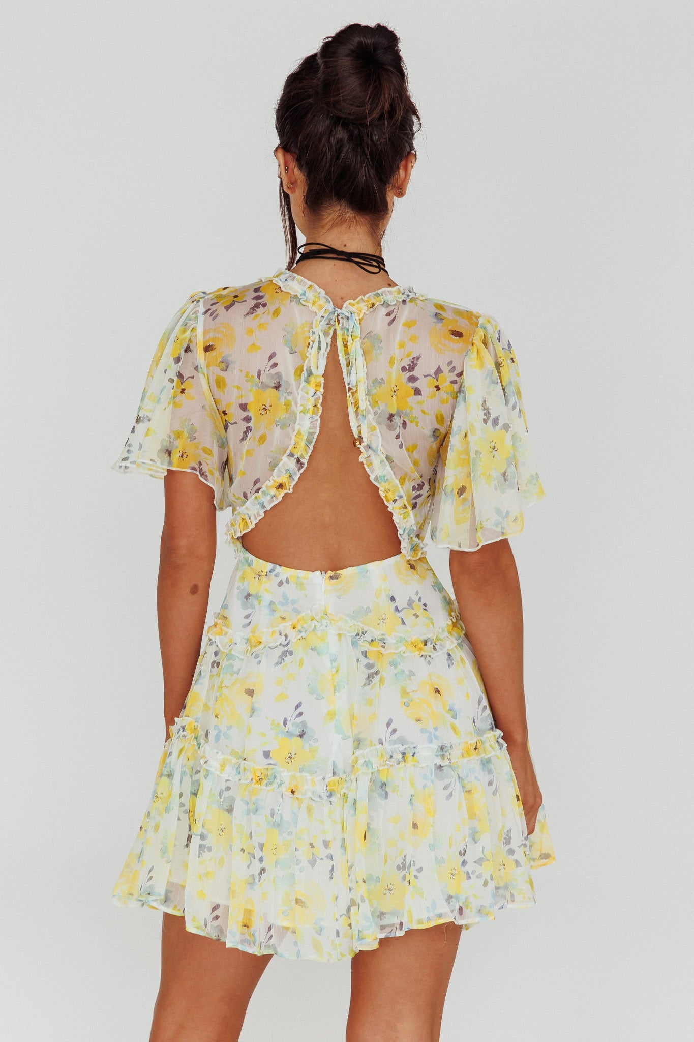 Tres Chic Flutter Sleeve Cut-Out Dress Floral Yellow by Selfie Leslie Australia