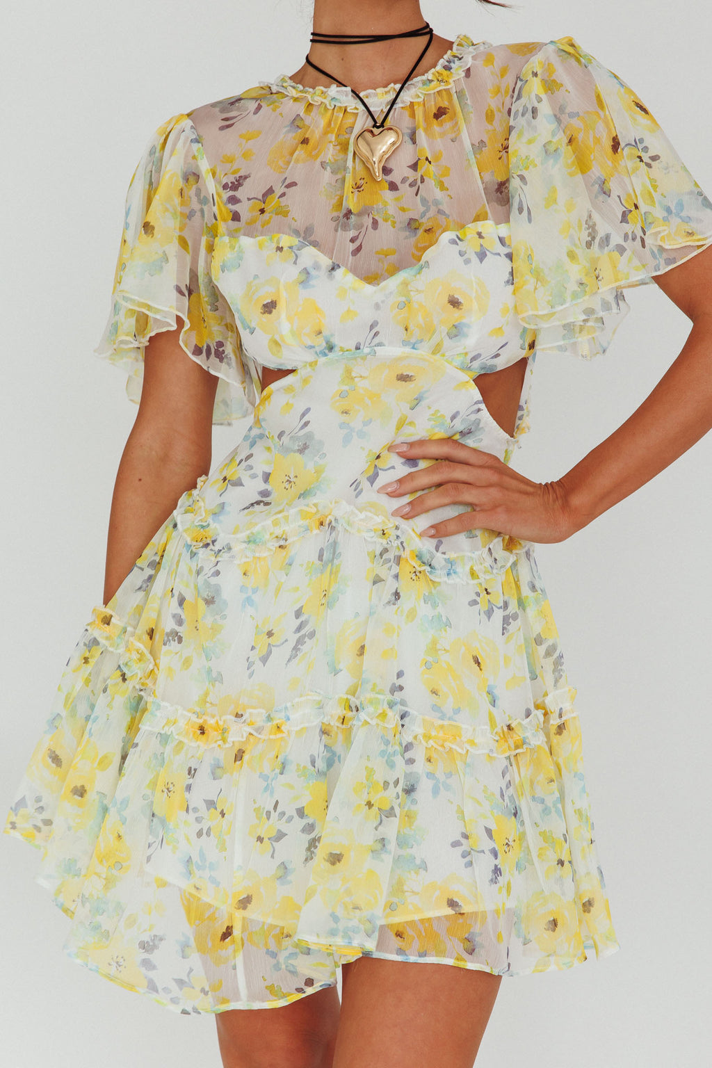 Tres Chic Flutter Sleeve Cut-Out Dress Floral Yellow by Selfie Leslie Australia