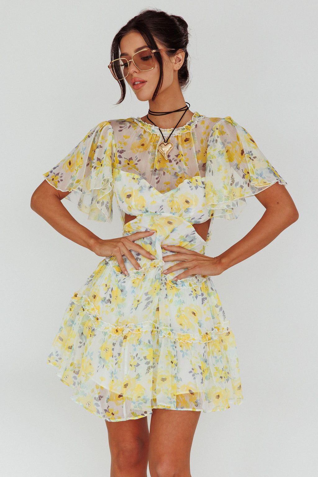 Tres Chic Flutter Sleeve Cut-Out Dress Floral Yellow by Selfie Leslie Australia