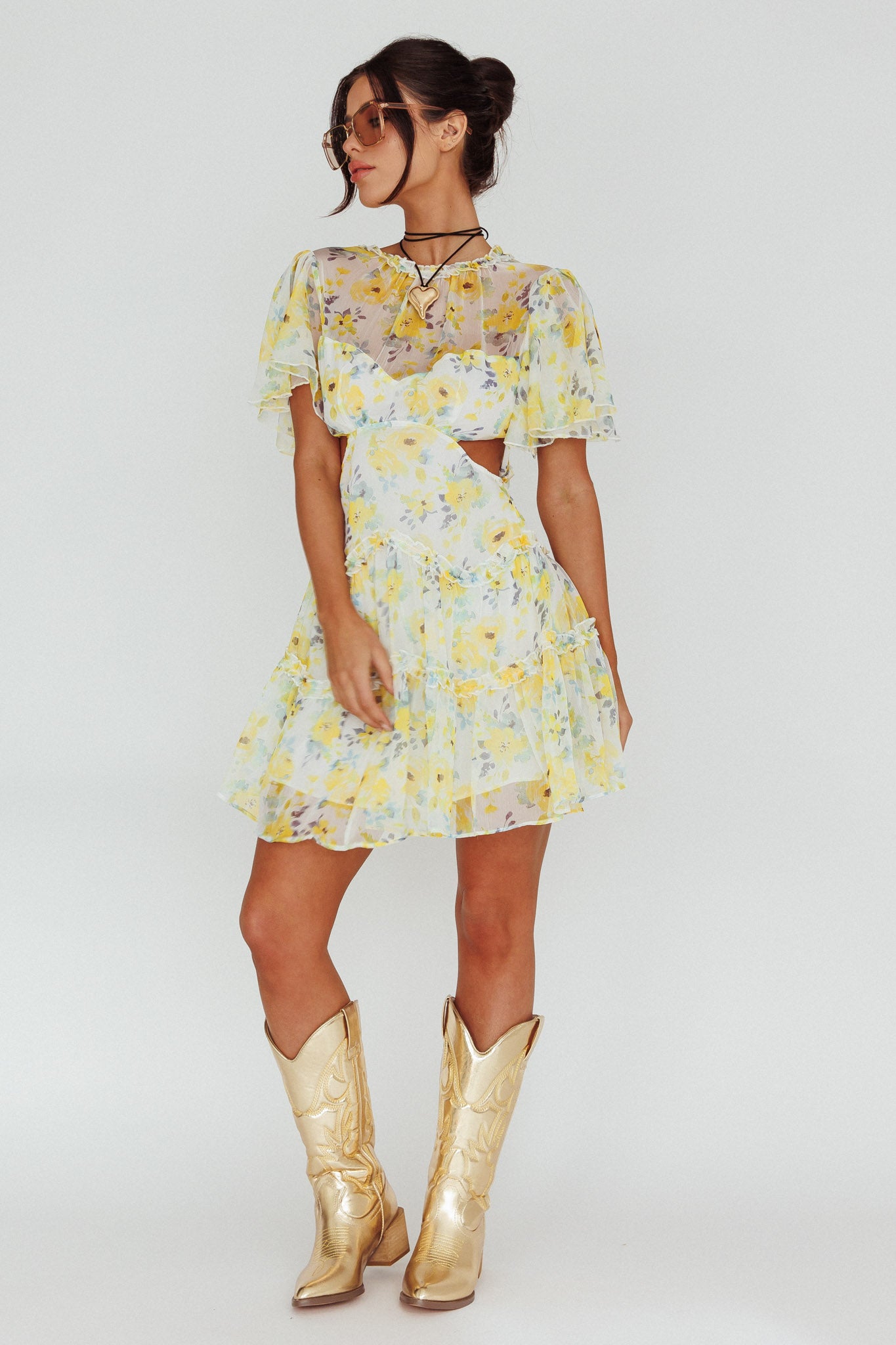 Tres Chic Flutter Sleeve Cut-Out Dress Floral Yellow by Selfie Leslie Australia