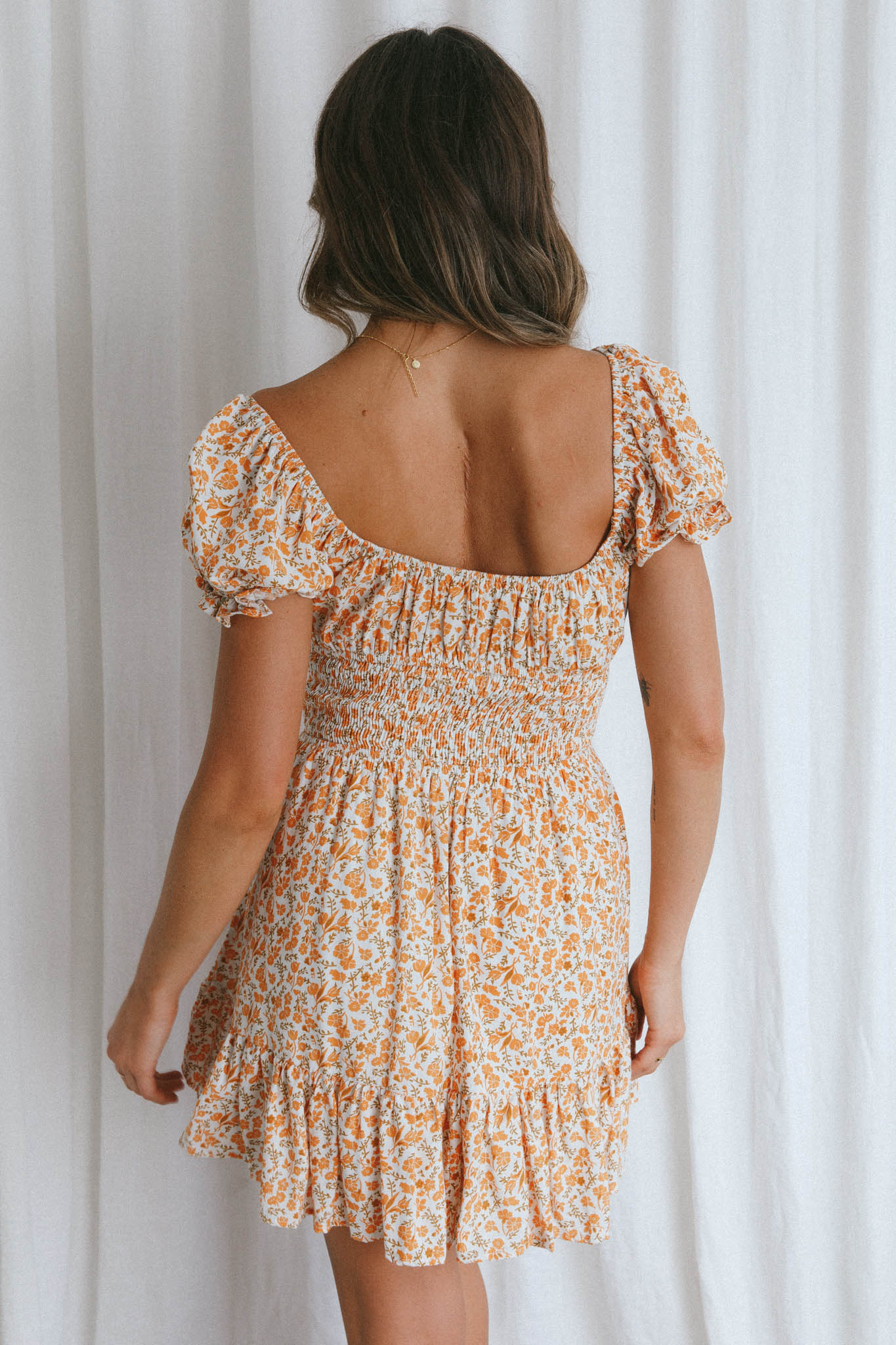 Amilie Shirred Waist Sundress Dainty Floral Mustard by Selfie Leslie Australia