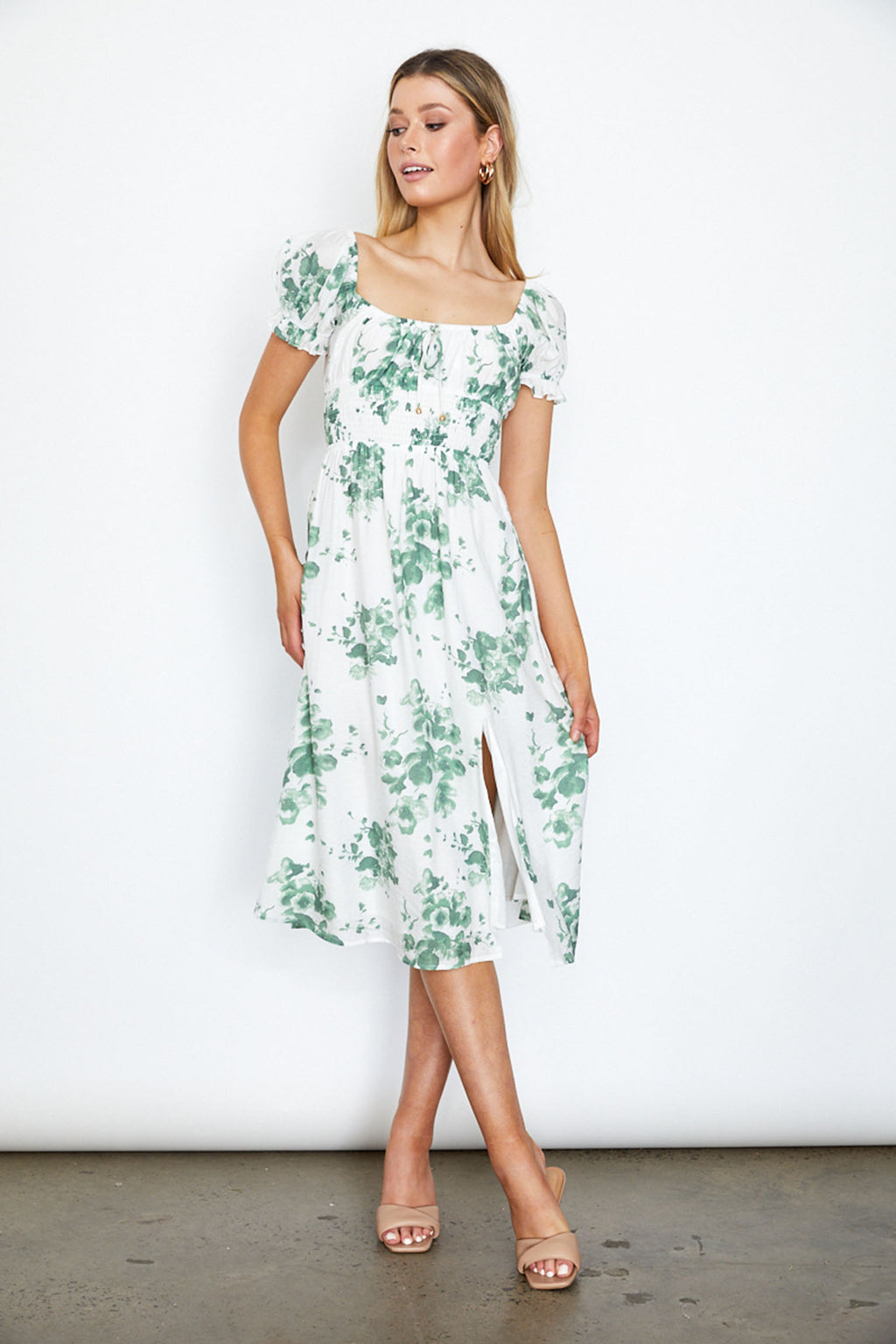 Amilie Shirred Waist Midi Dress Floral Print White/Olive by Selfie Leslie Australia