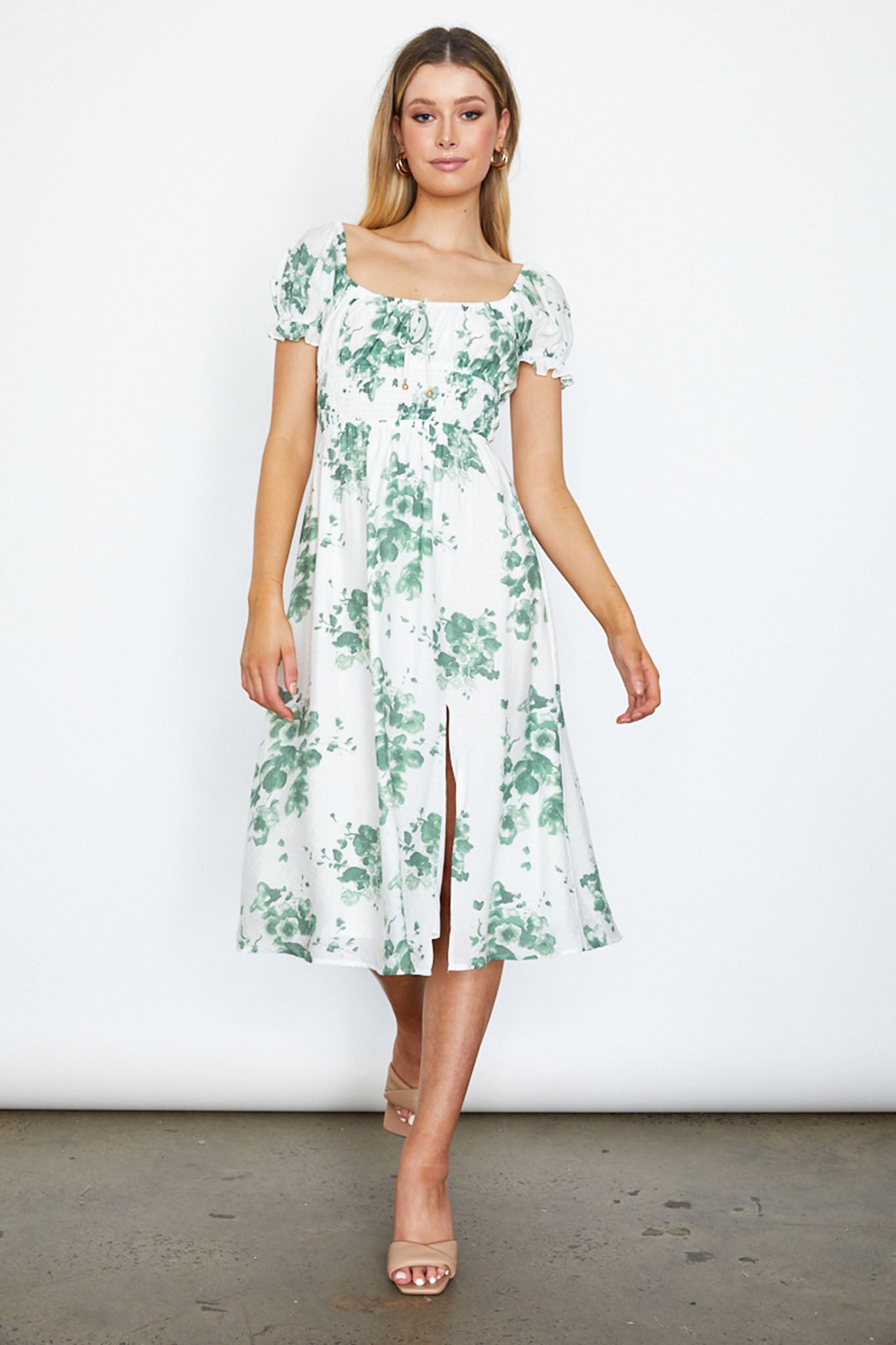 Amilie Shirred Waist Midi Dress Floral Print White/Olive by Selfie Leslie Australia