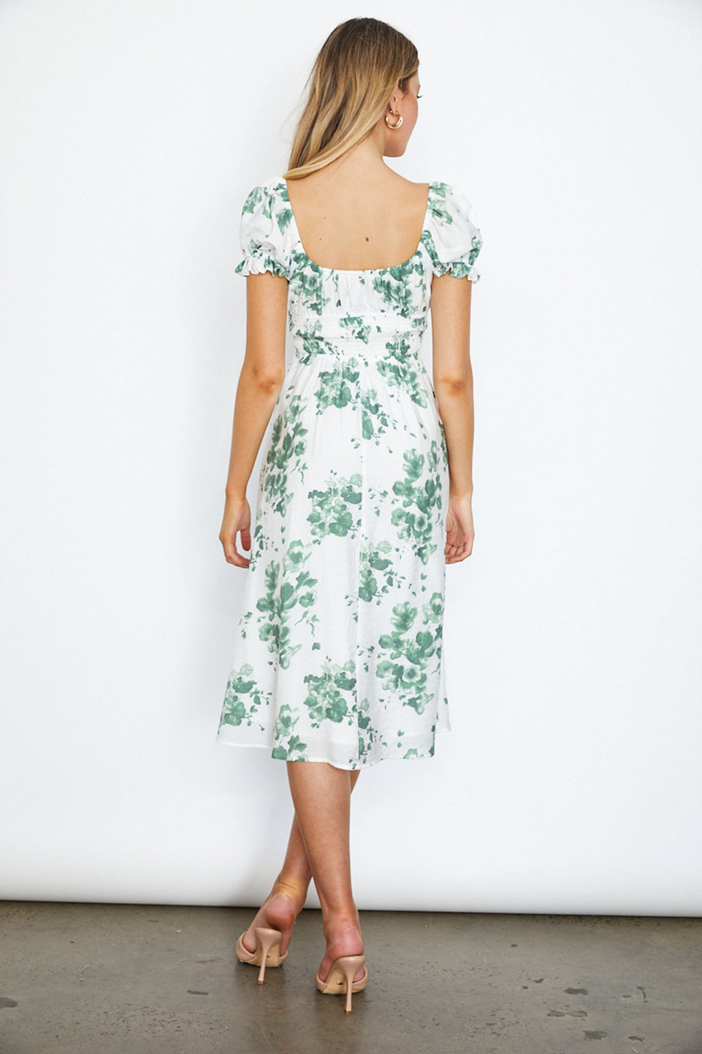 Amilie Shirred Waist Midi Dress Floral Print White/Olive by Selfie Leslie Australia