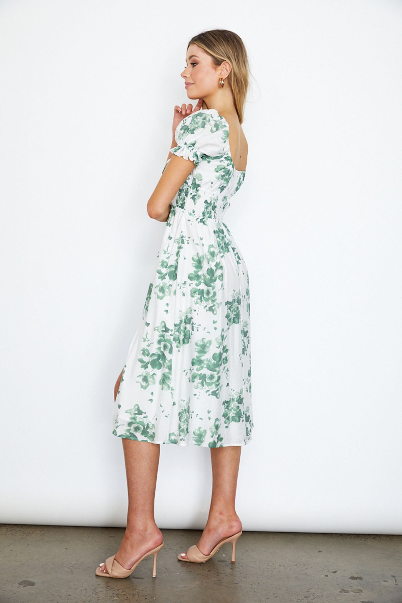 Amilie Shirred Waist Midi Dress Floral Print White/Olive by Selfie Leslie Australia