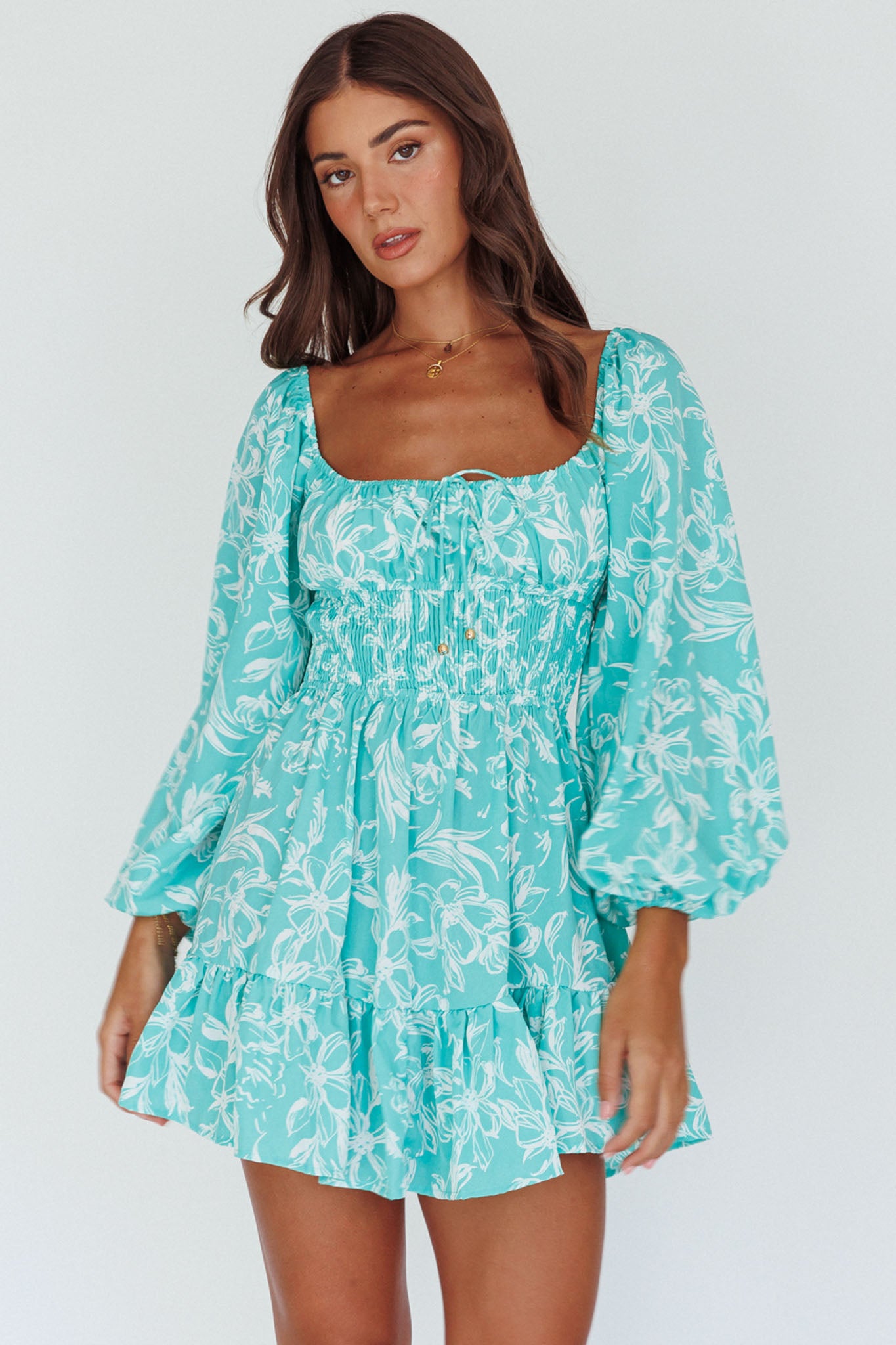 Amilie Shirred Long Sleeve Dress Floral Green by Selfie Leslie Australia