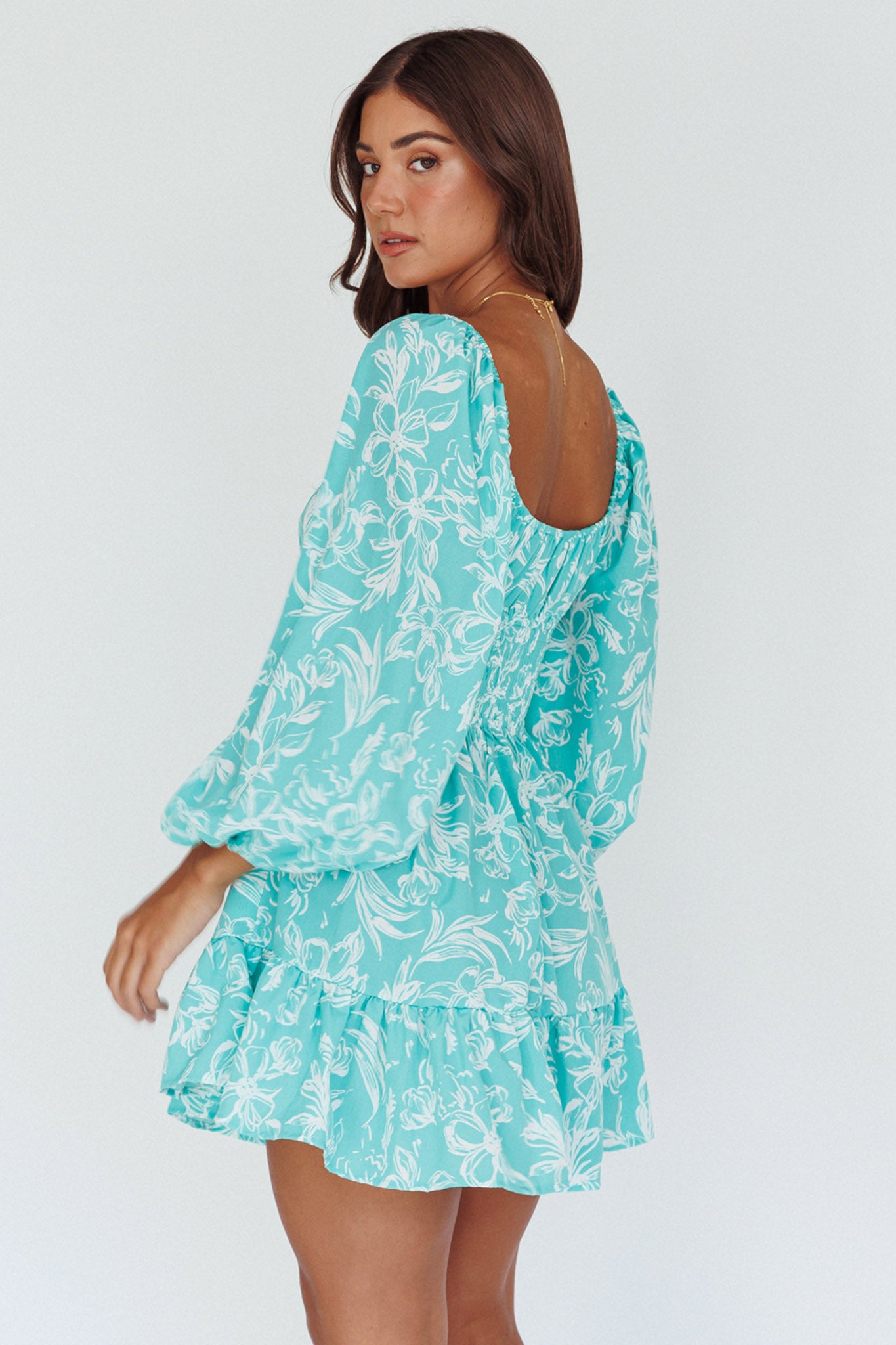 Amilie Shirred Long Sleeve Dress Floral Green by Selfie Leslie Australia