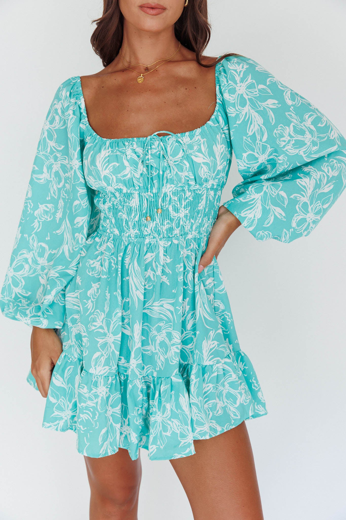 Amilie Shirred Long Sleeve Dress Floral Green by Selfie Leslie Australia