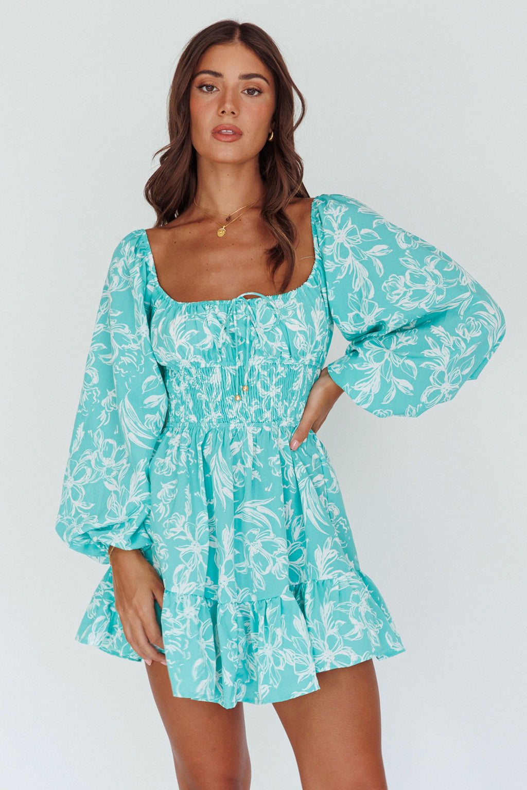 Amilie Shirred Long Sleeve Dress Floral Green by Selfie Leslie Australia