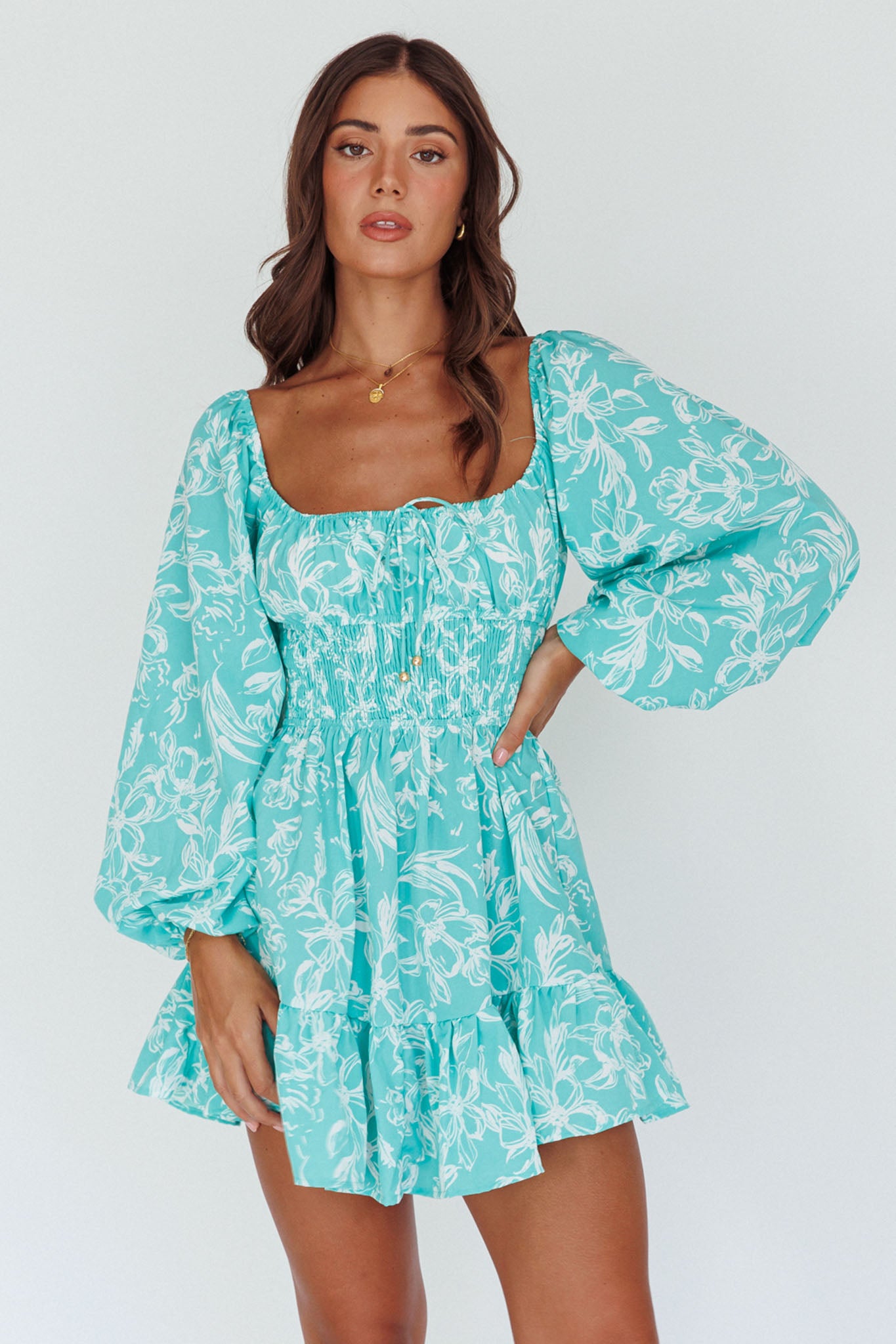 Amilie Shirred Long Sleeve Dress Floral Green by Selfie Leslie Australia