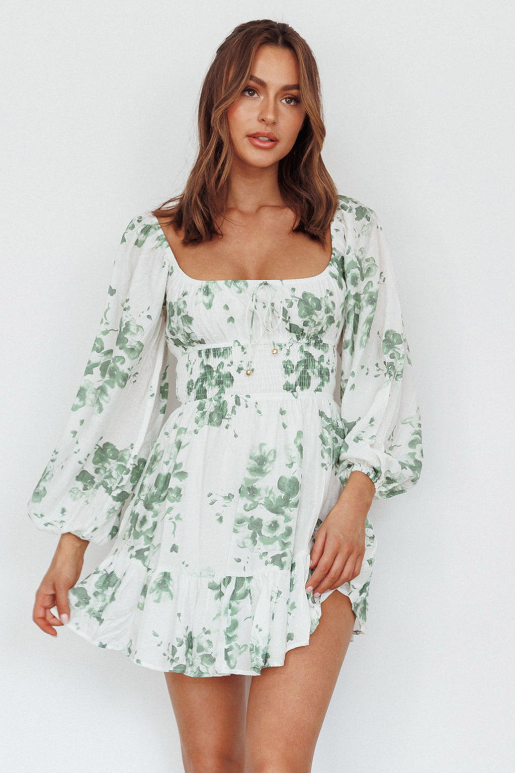 Amilie Shirred Long Sleeve Dress Floral White/Olive by Selfie Leslie Australia