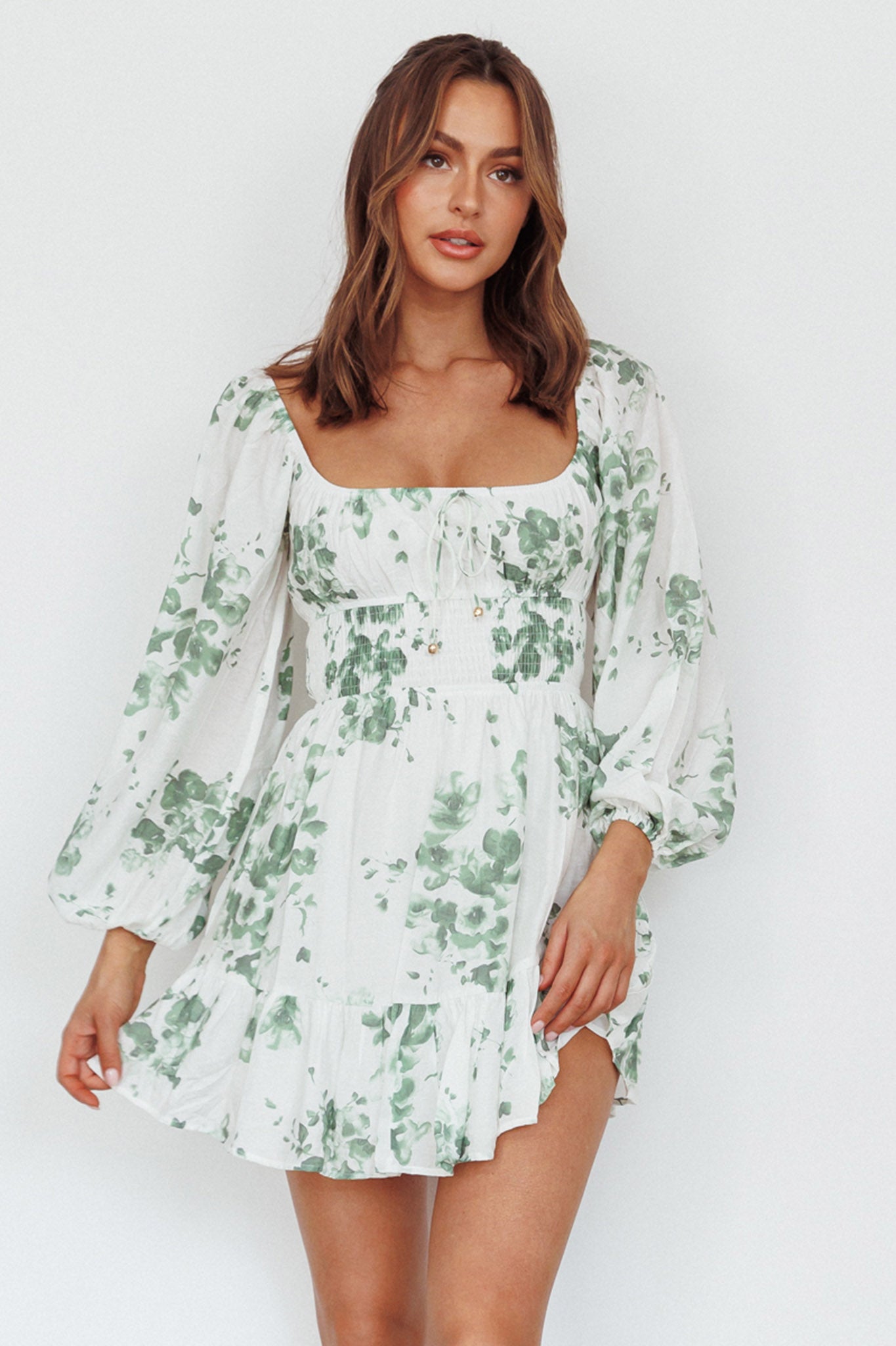 Amilie Shirred Long Sleeve Dress Floral White/Olive by Selfie Leslie Australia