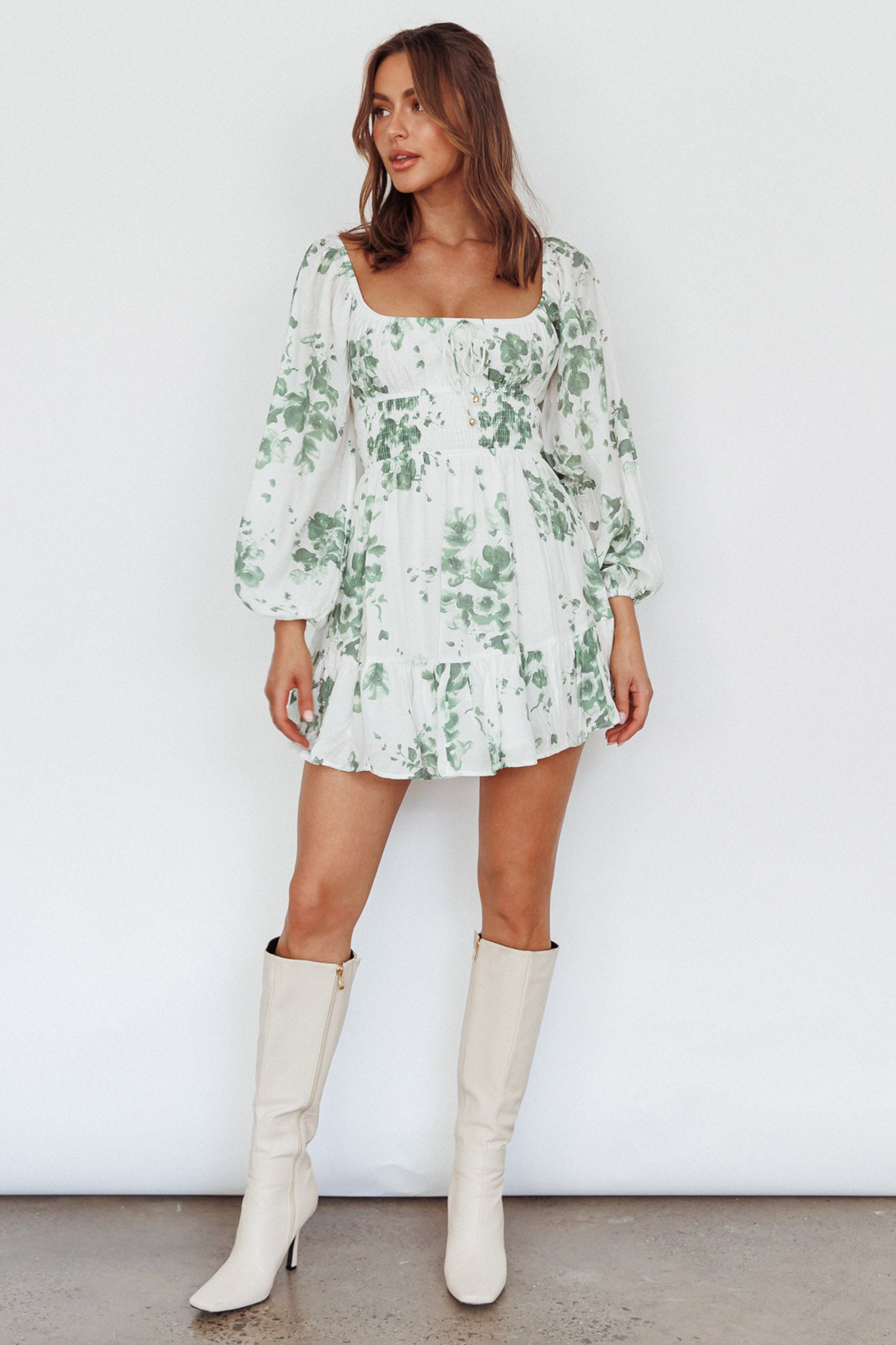 Amilie Shirred Long Sleeve Dress Floral White/Olive by Selfie Leslie Australia
