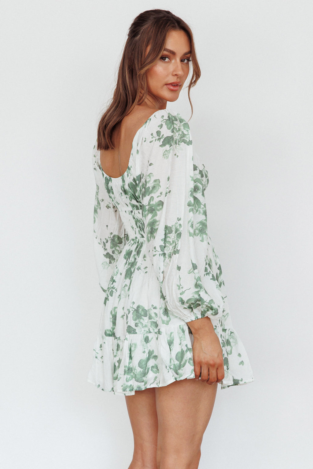 Amilie Shirred Long Sleeve Dress Floral White/Olive by Selfie Leslie Australia