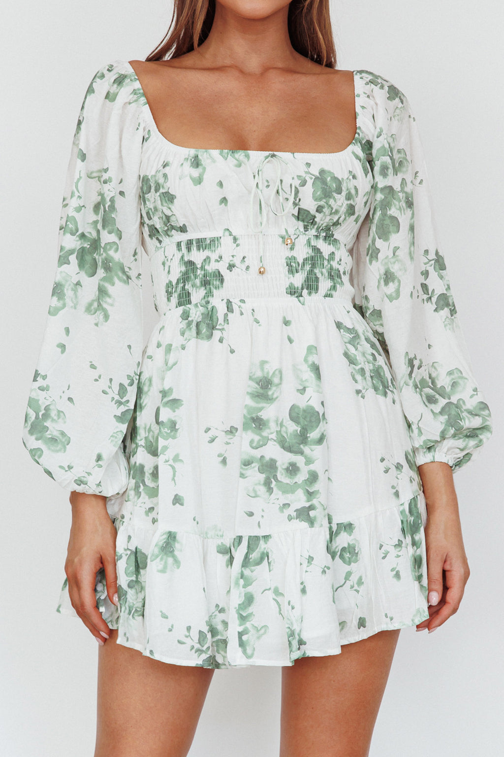 Amilie Shirred Long Sleeve Dress Floral White/Olive by Selfie Leslie Australia
