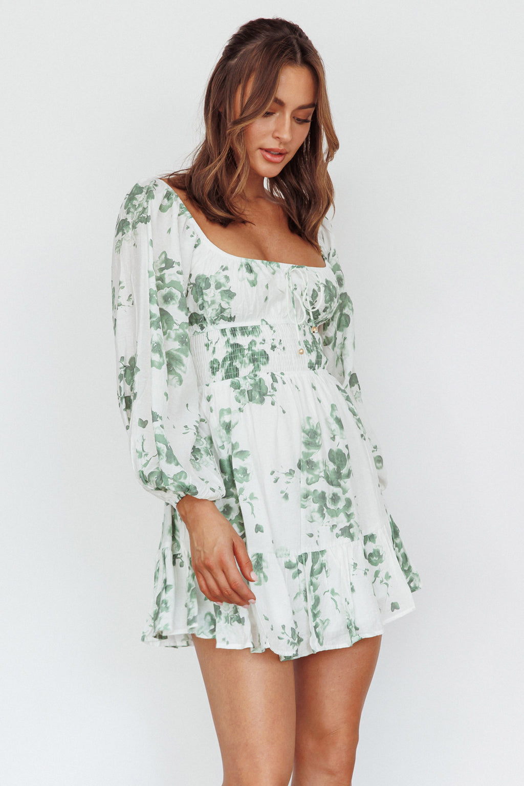 Amilie Shirred Long Sleeve Dress Floral White/Olive by Selfie Leslie Australia