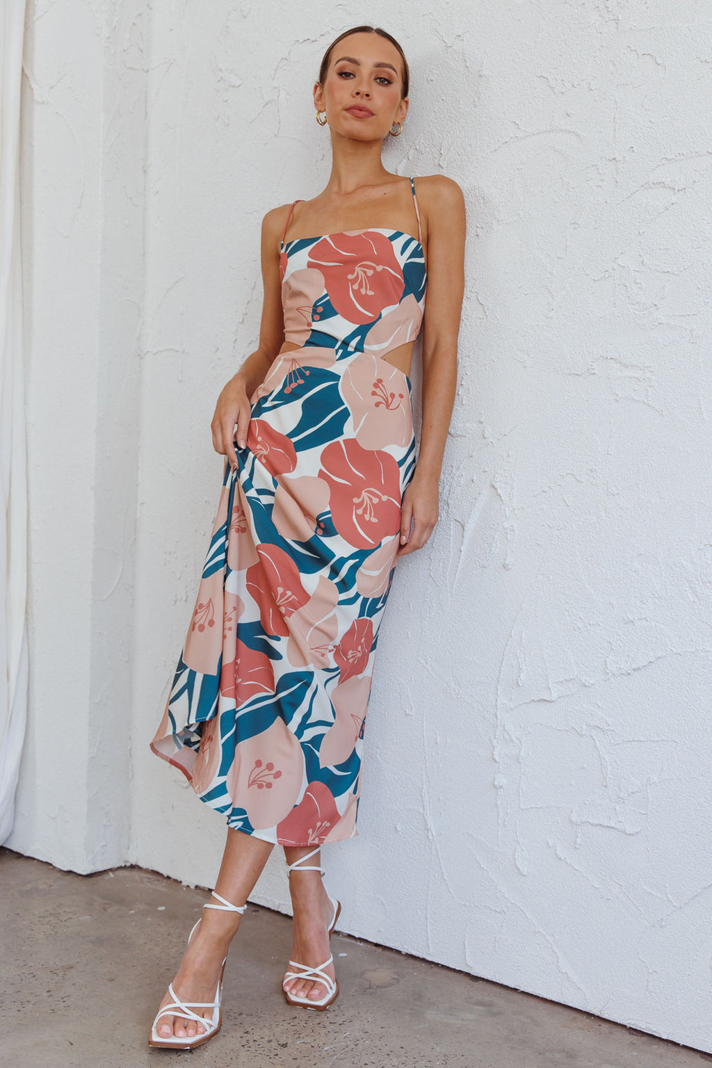 Sunday Bliss Tie-Up Back Cowl Neck Midi Dress Flower Red by Selfie Leslie Australia